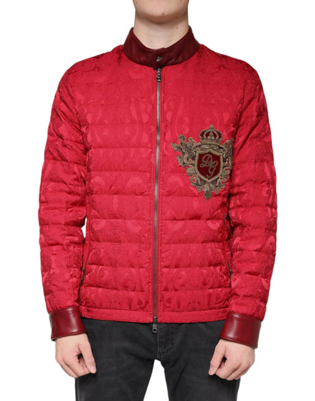 Dolce & Gabbana Red Quilted Bomber Gold Crown Logo Jacket - Hilstor