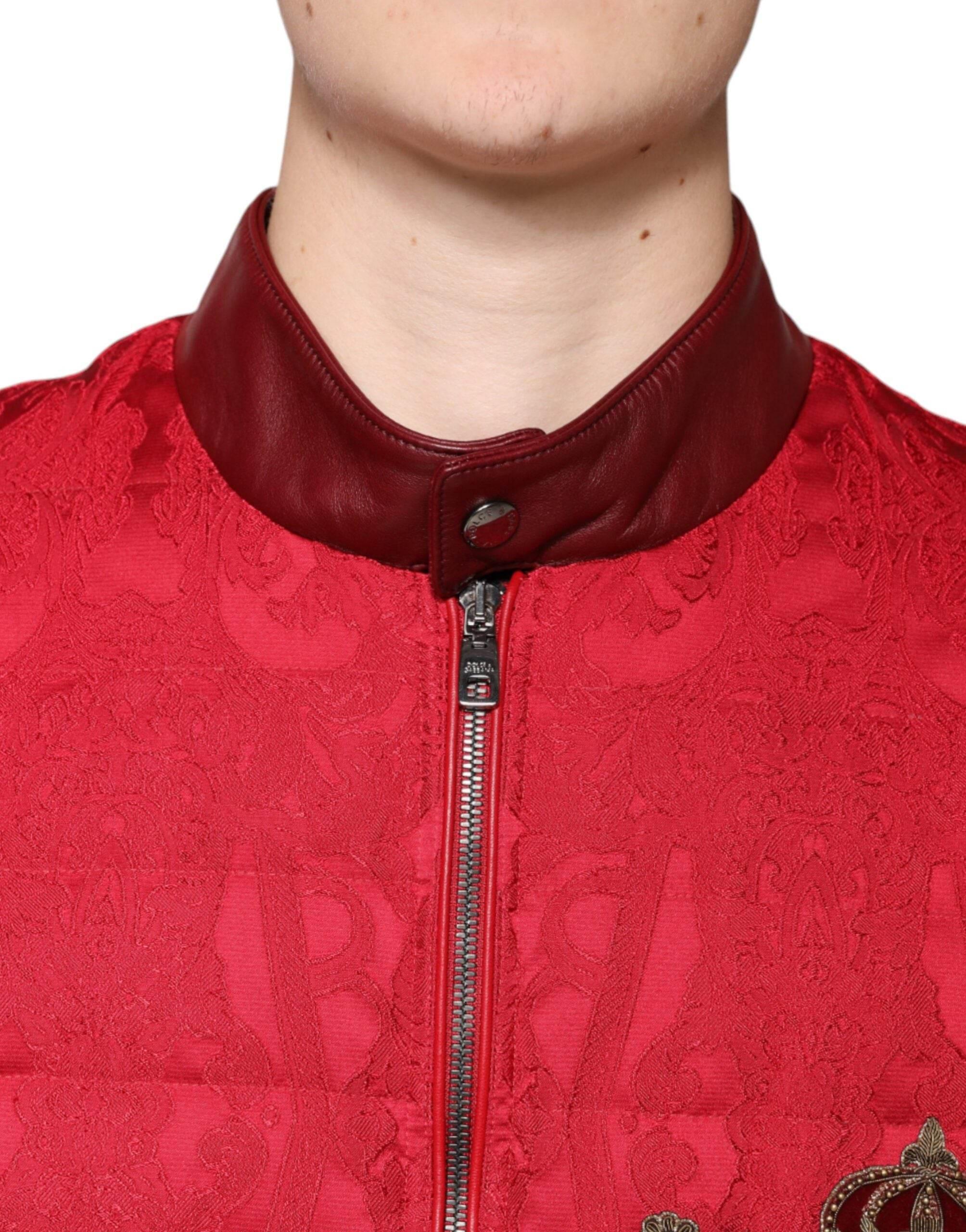 Dolce & Gabbana Red Quilted Bomber Gold Crown Logo Jacket - Hilstor