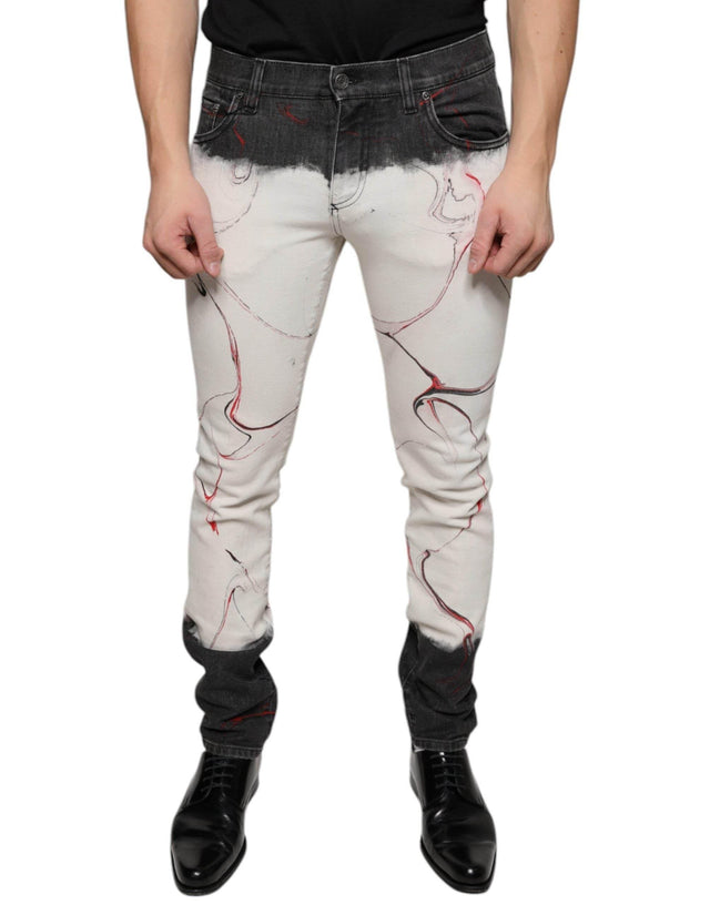 Dolce & Gabbana Black White Printed Skinny Men Denim Jeans - Hilstor