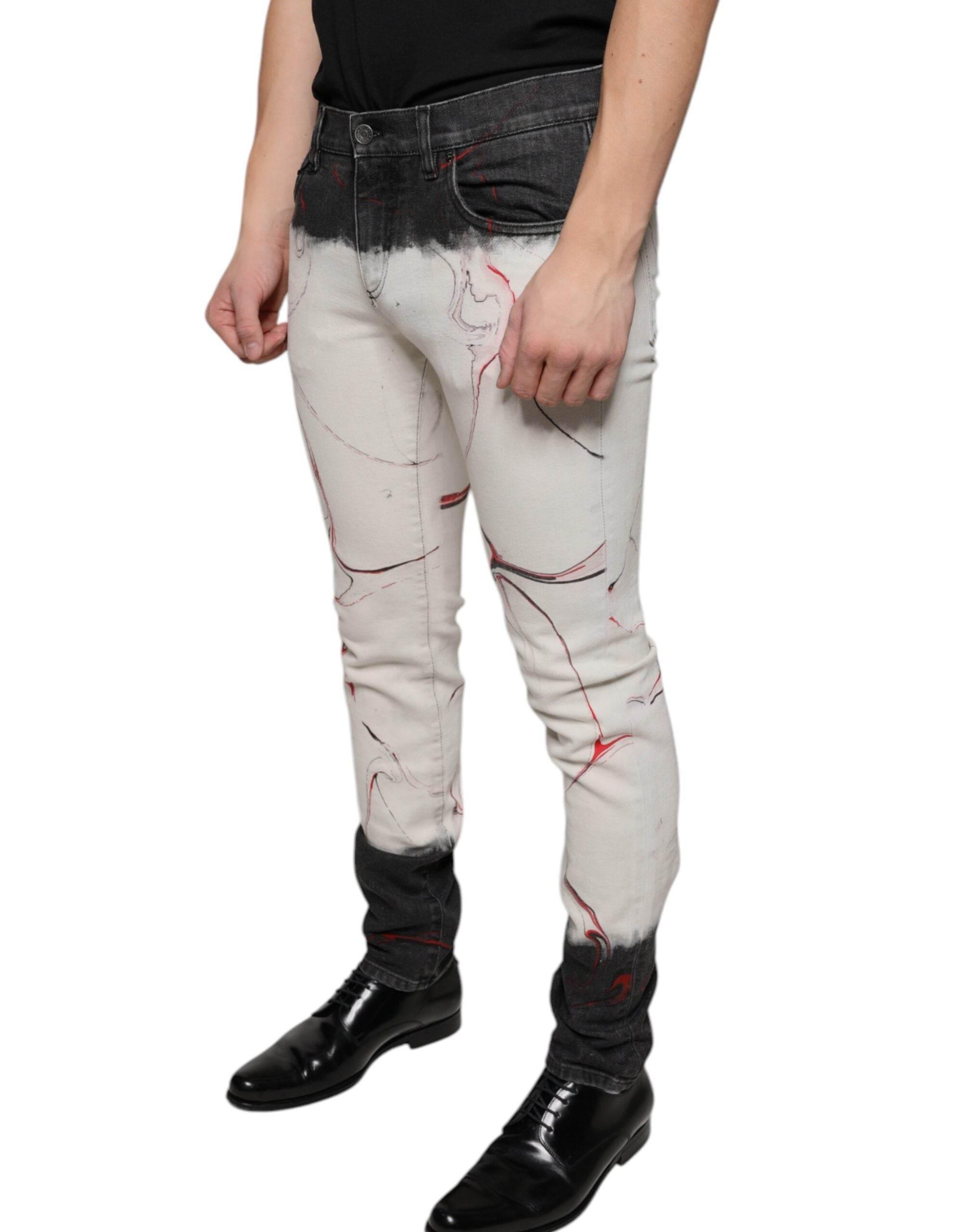 Dolce & Gabbana Black White Printed Skinny Men Denim Jeans - Hilstor