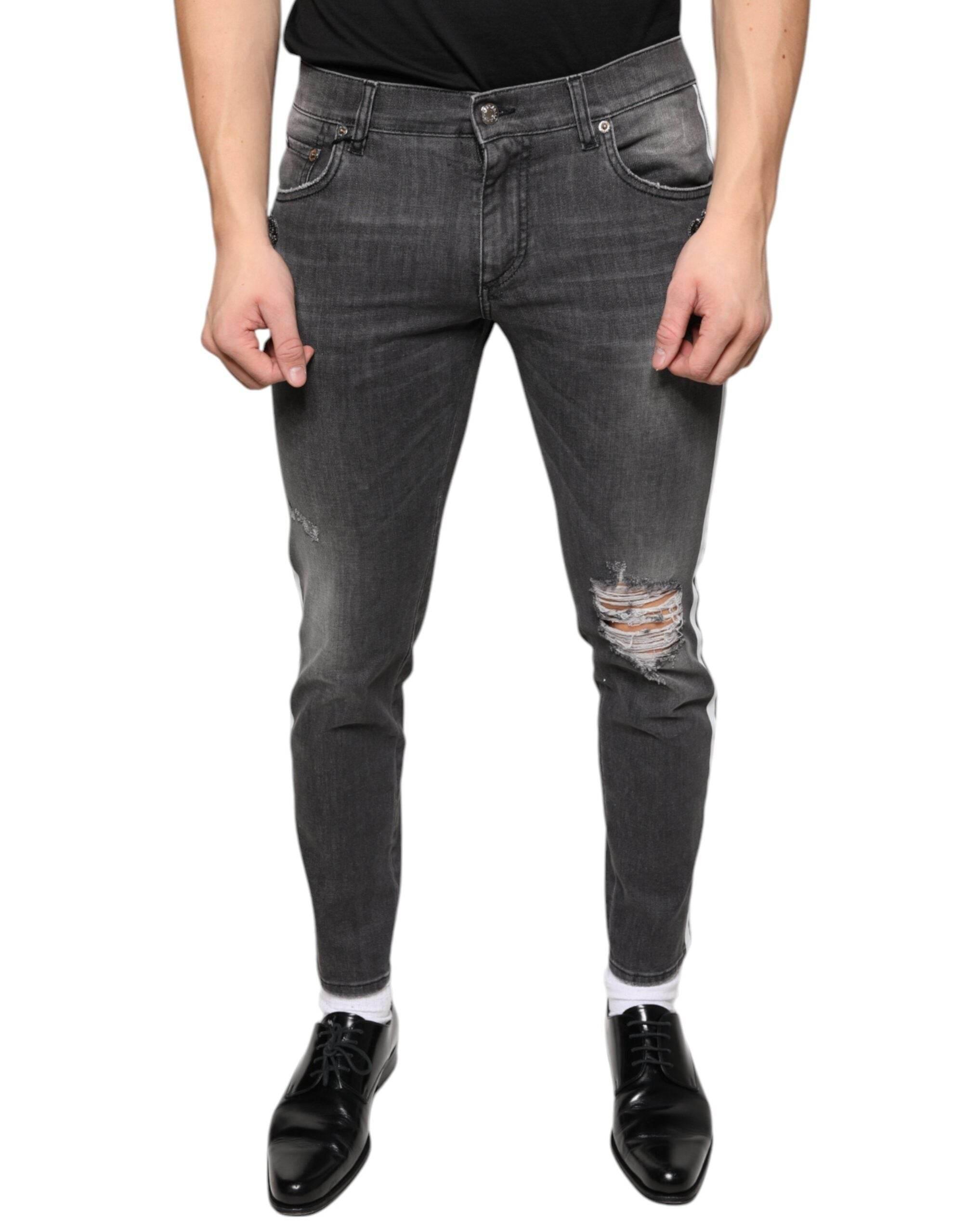 Dolce & Gabbana Black Tattered Cotton Skinny Men Denim Jeans - Hilstor