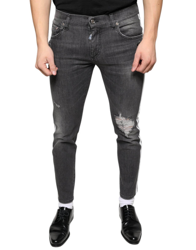 Dolce & Gabbana Black Tattered Cotton Skinny Men Denim Jeans - Hilstor