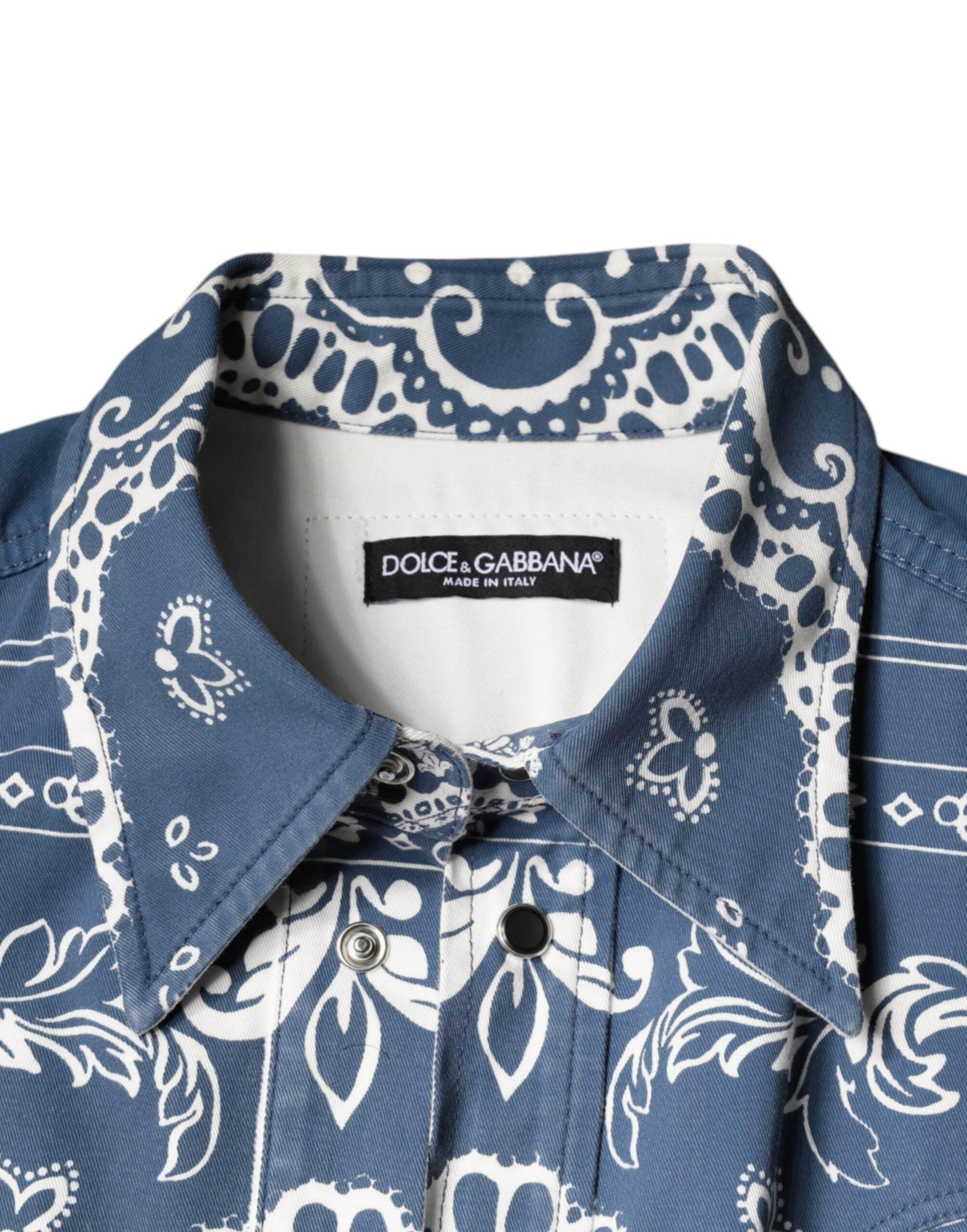 Dolce & Gabbana Blue White Bandana Print Cotton Casual Shirt - Hilstor