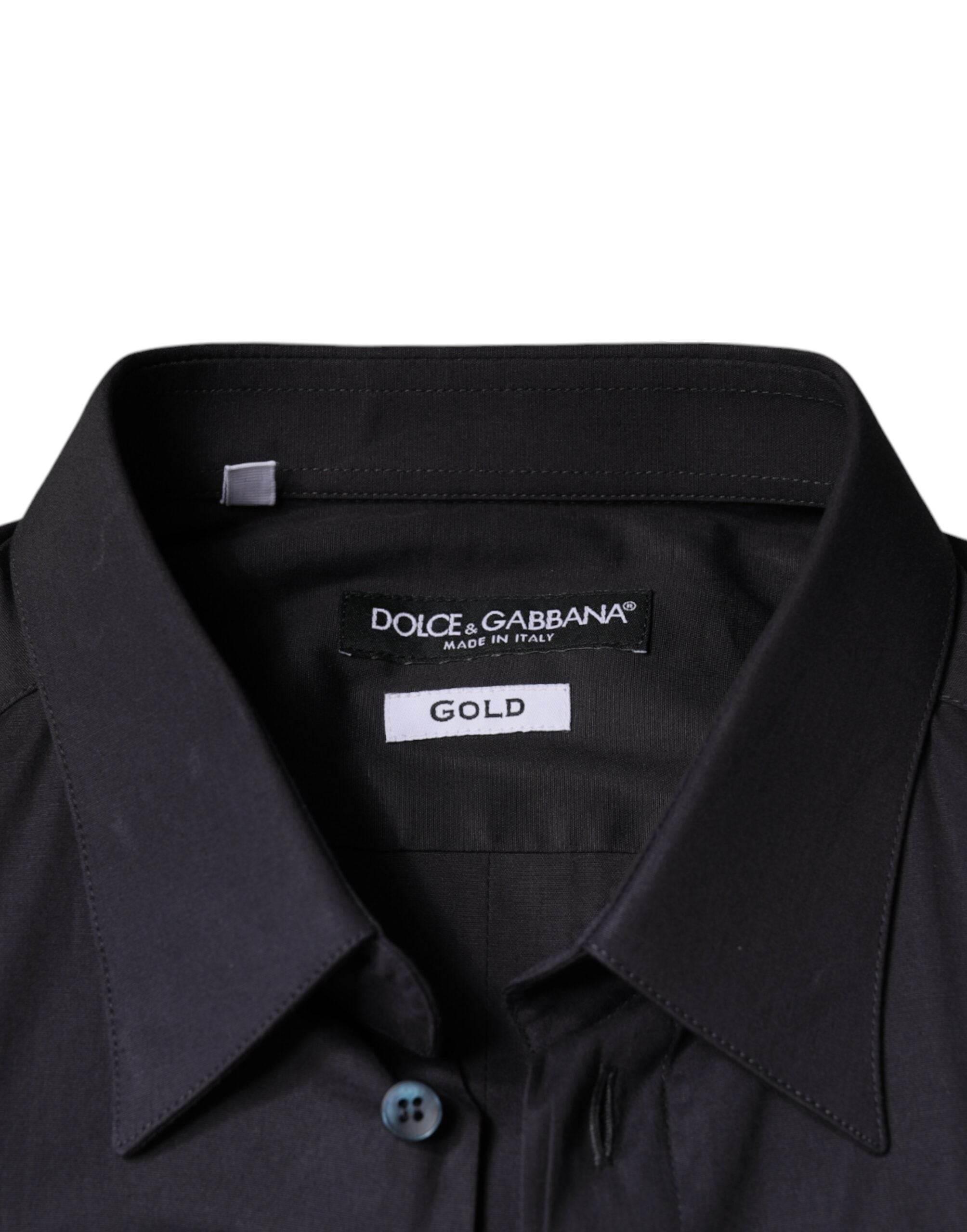 Dolce & Gabbana Black Cotton Stretch Dress GOLD Formal Shirt - Hilstor