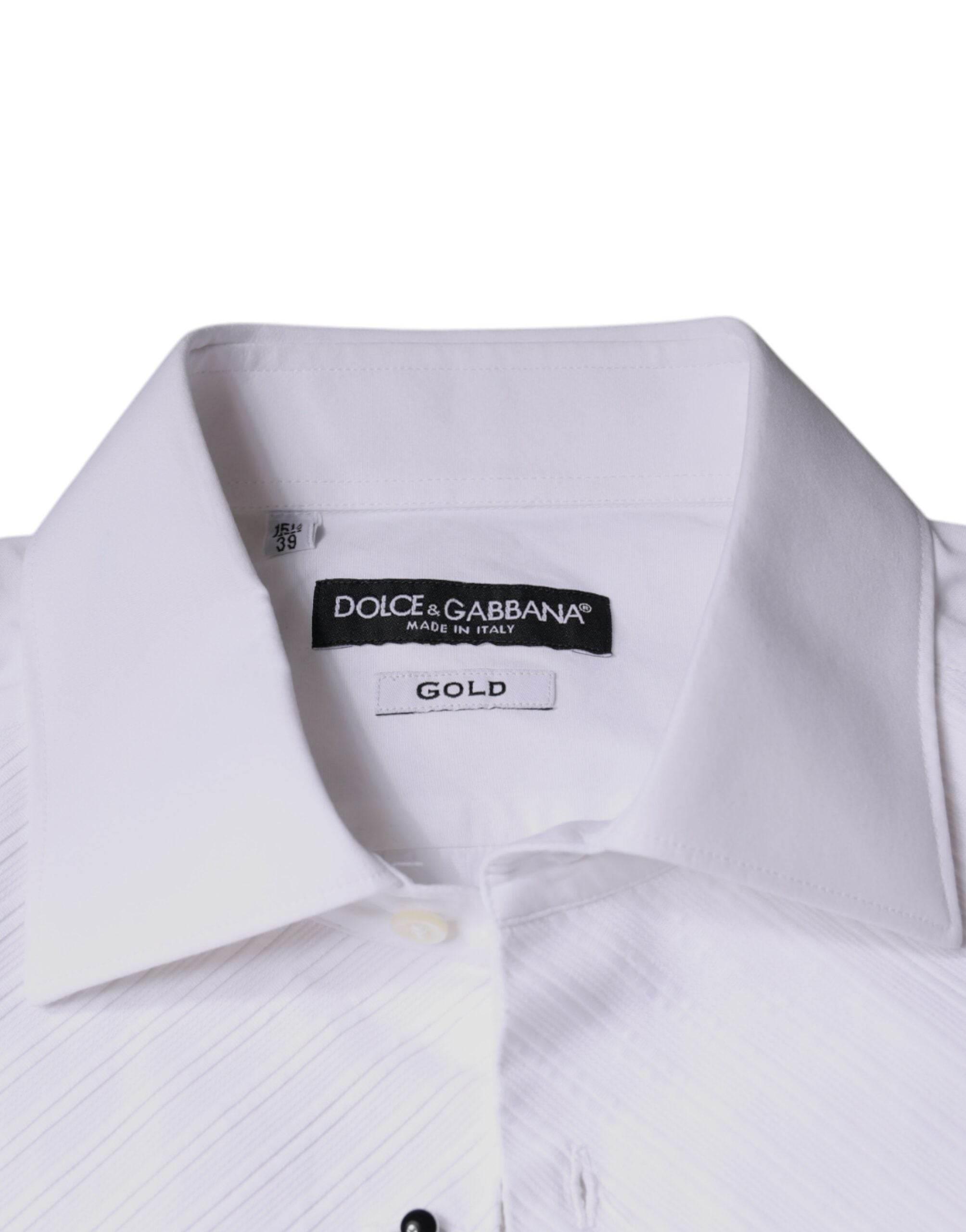 Dolce & Gabbana White Bib Cotton Poplin GOLD Men Formal Shirt - Hilstor