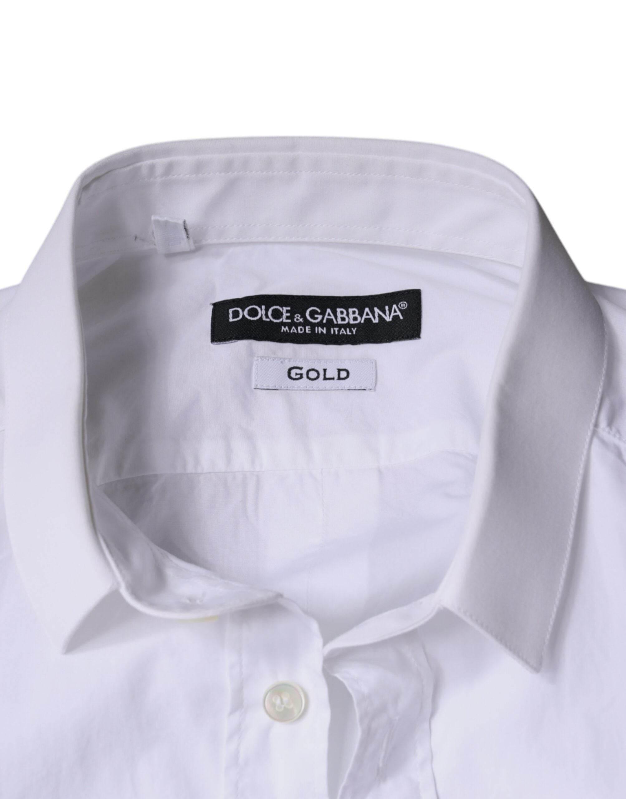 Dolce & Gabbana White Cotton Dress GOLD Formal Collared Shirt - Hilstor