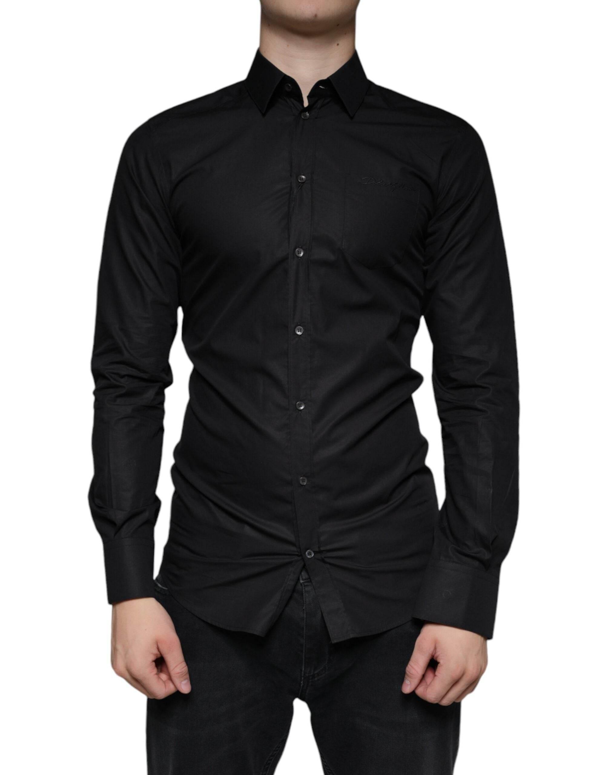 Dolce & Gabbana Black Cotton Stretch Dress GOLD Formal Shirt - Hilstor