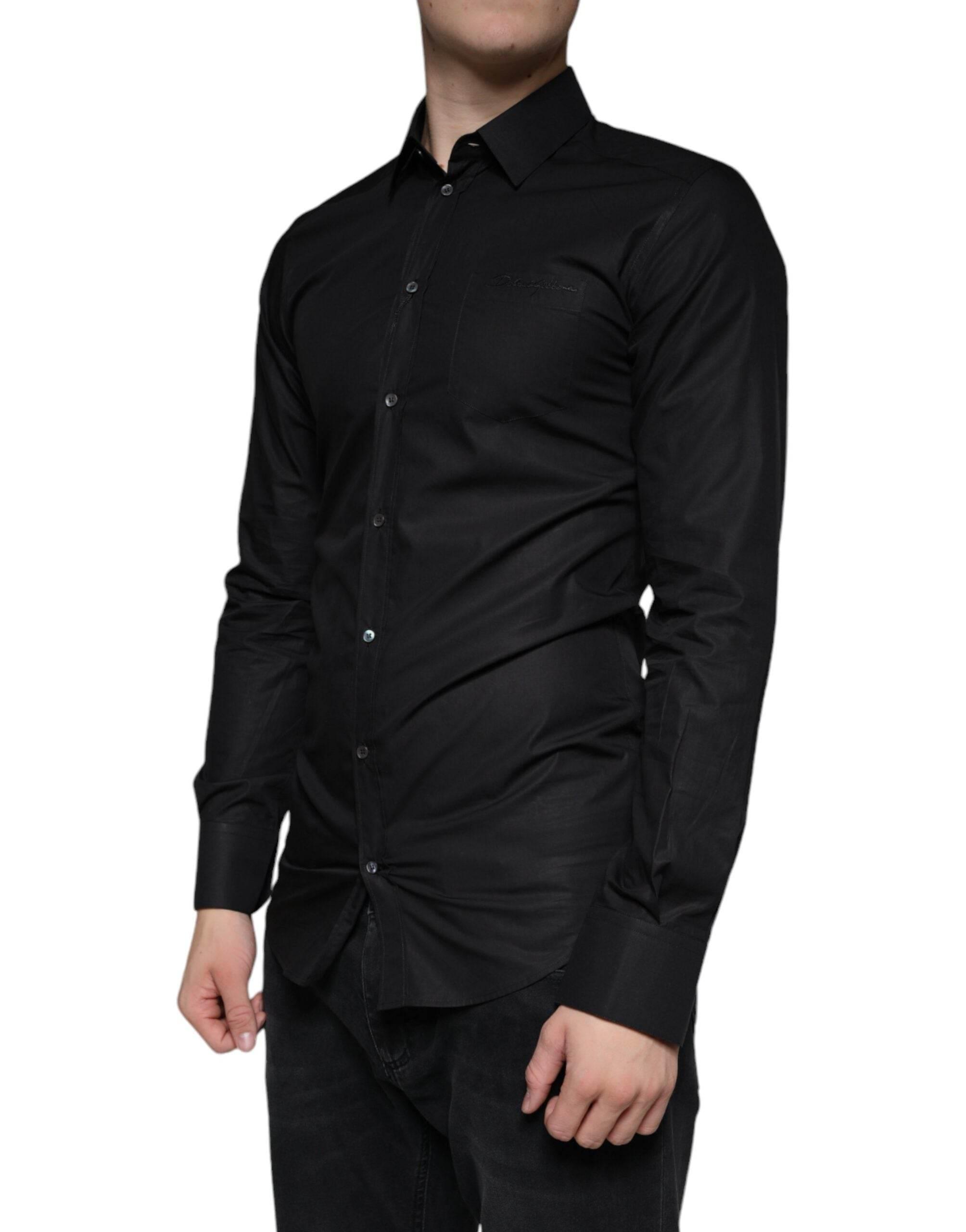 Dolce & Gabbana Black Cotton Stretch Dress GOLD Formal Shirt - Hilstor