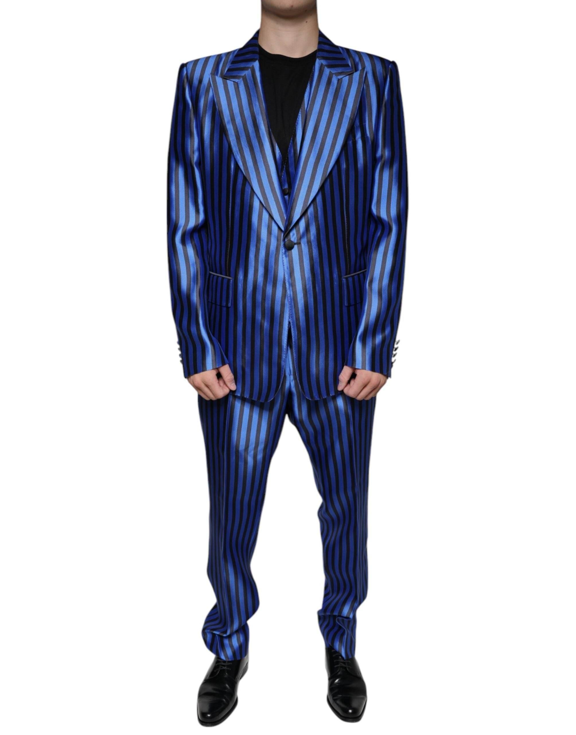 Dolce & Gabbana Metallic Blue Stripes Formal 3 Piece Suit - Hilstor