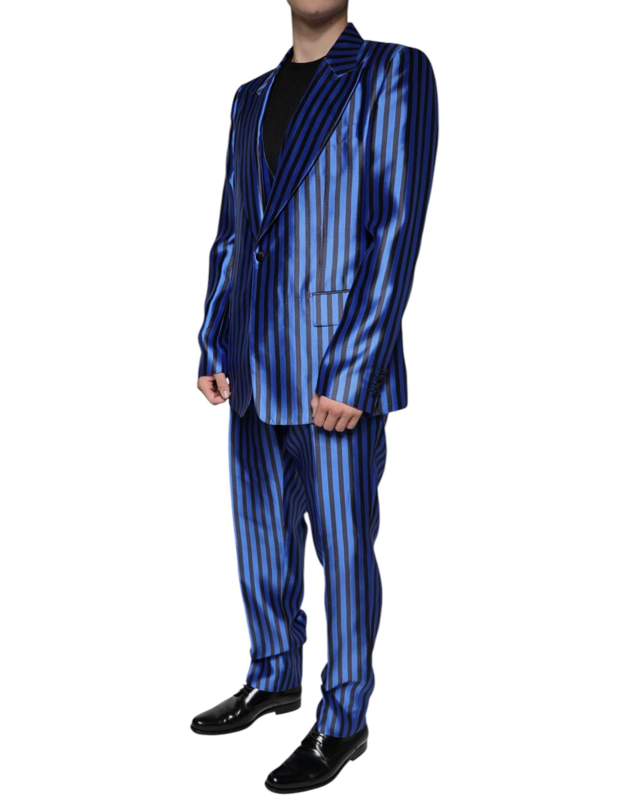 Dolce & Gabbana Metallic Blue Stripes Formal 3 Piece Suit - Hilstor