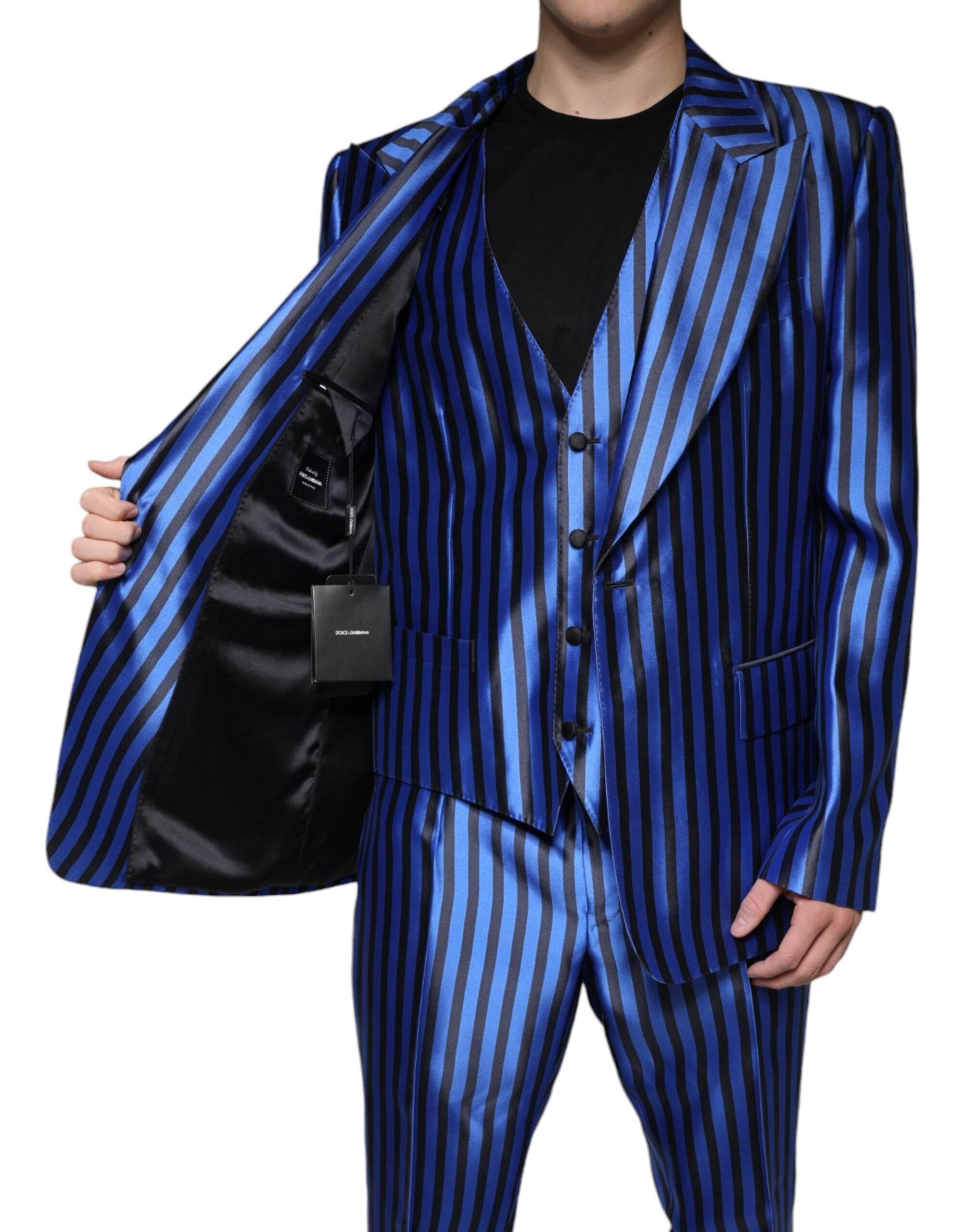 Dolce & Gabbana Metallic Blue Stripes Formal 3 Piece Suit - Hilstor