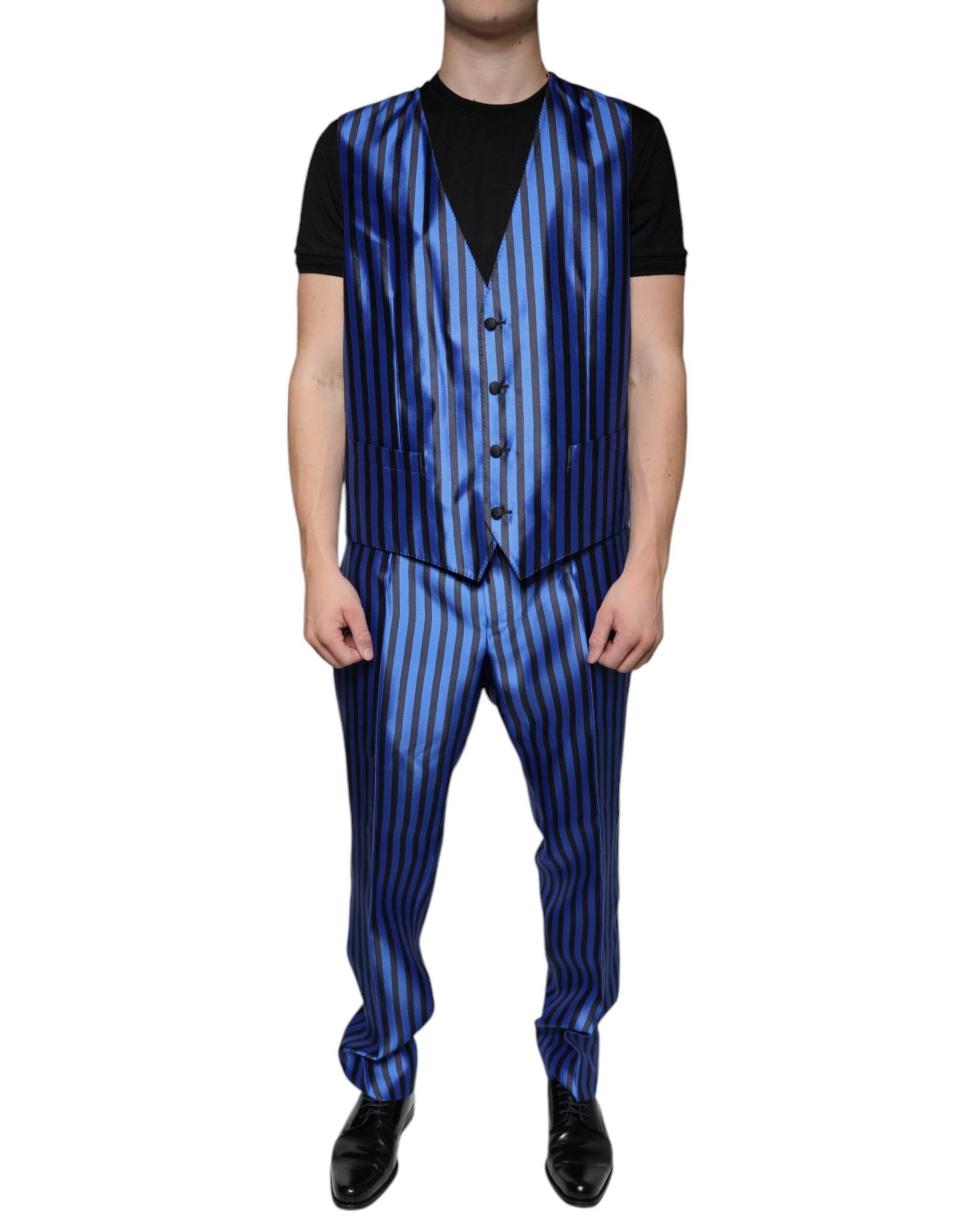 Dolce & Gabbana Metallic Blue Stripes Formal 3 Piece Suit - Hilstor