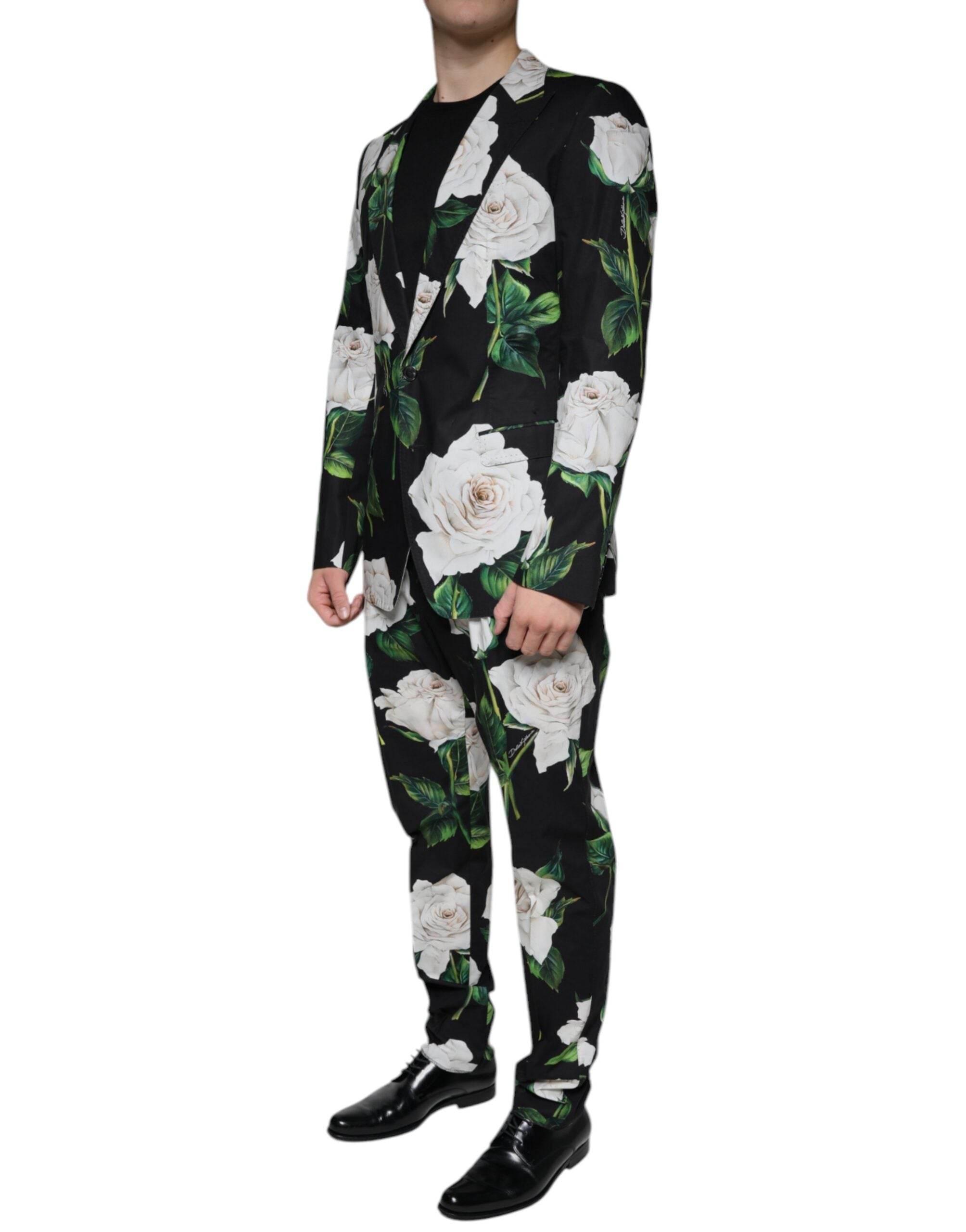 Dolce & Gabbana Black Rose Cotton Men Formal 2 Piece Suit - Hilstor