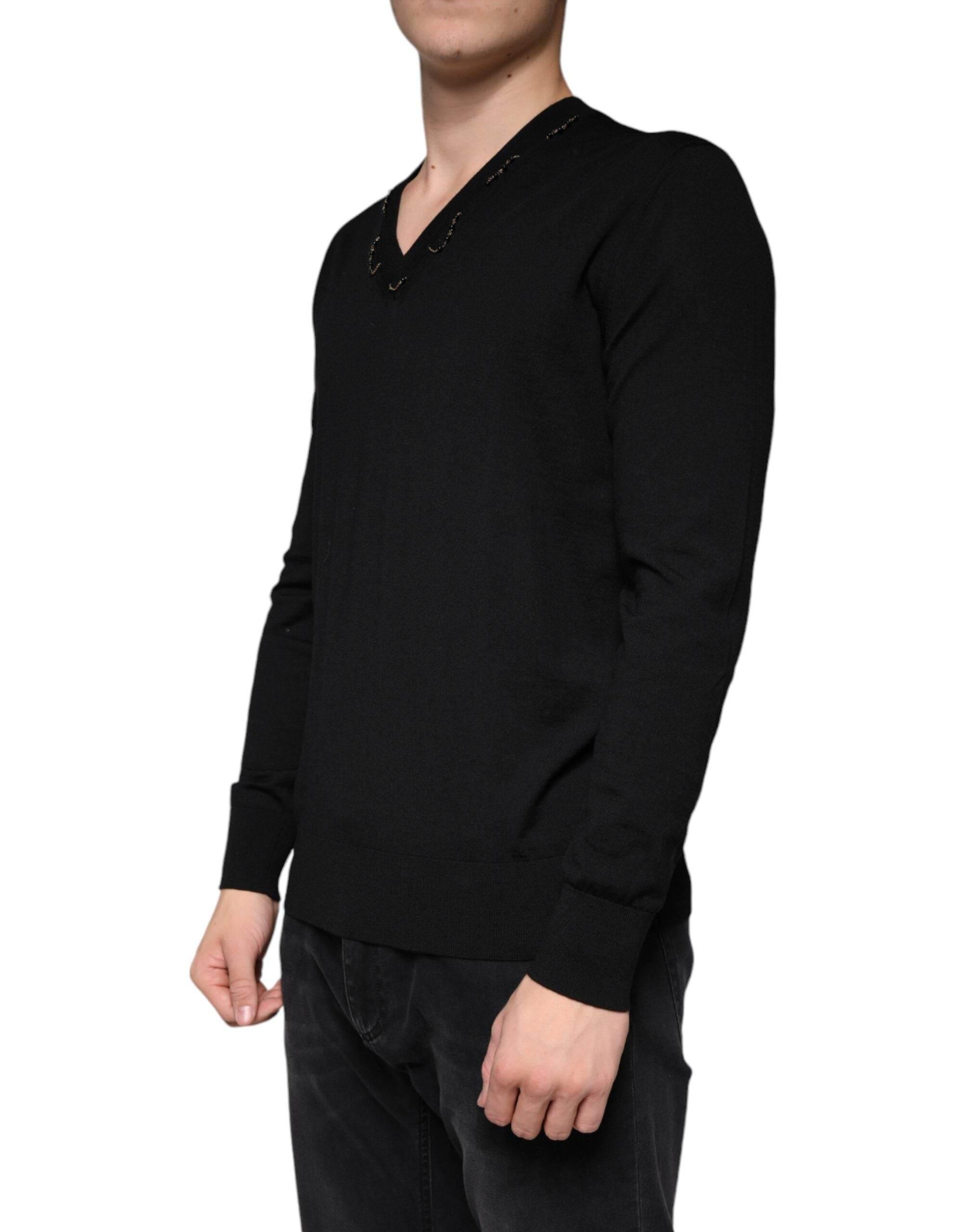 Dolce & Gabbana Black Embellished V-neck Pullover Sweater - Hilstor