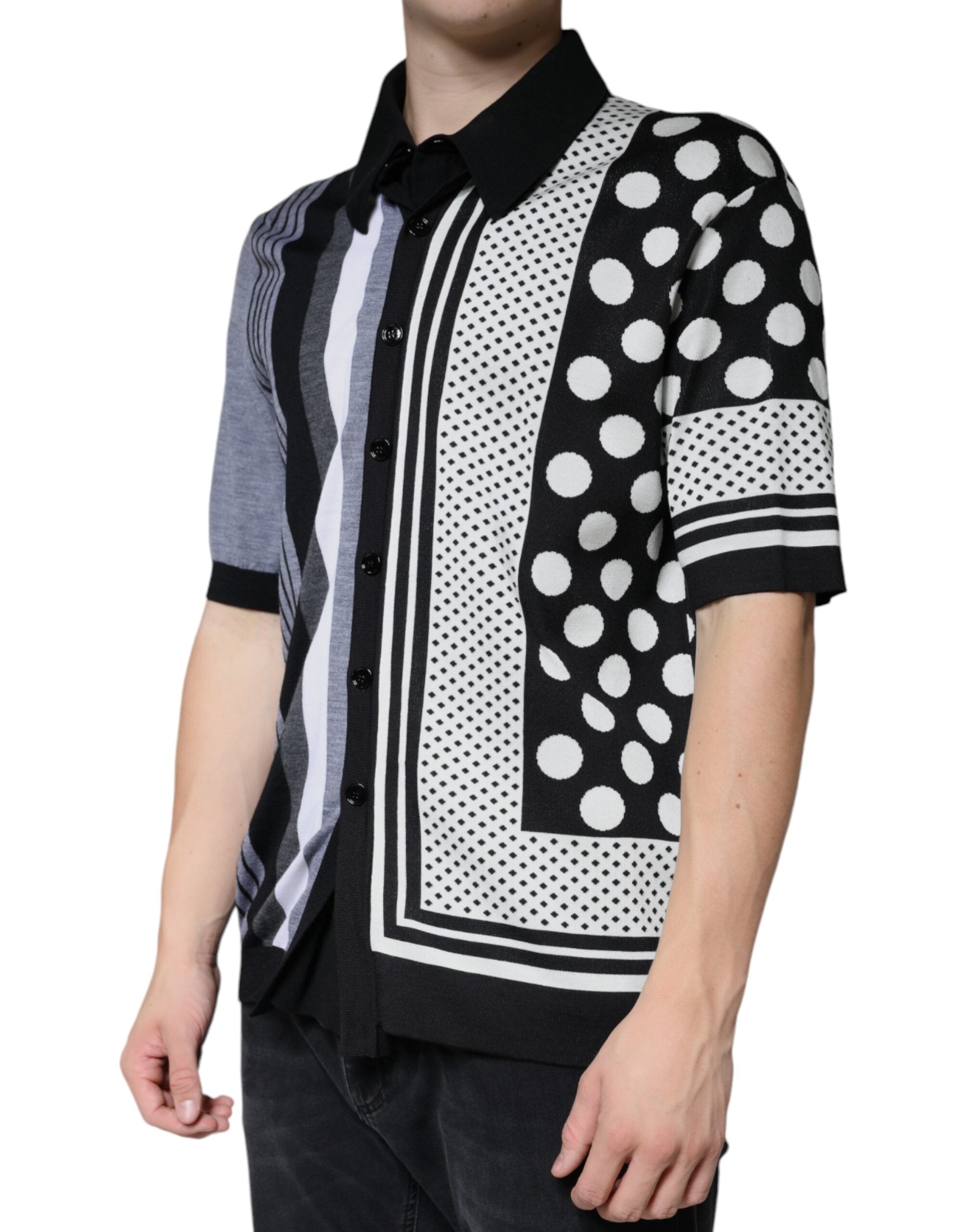 Dolce &amp; Gabbana Sort Hvid Polka Dot Collared Polo T-shirt