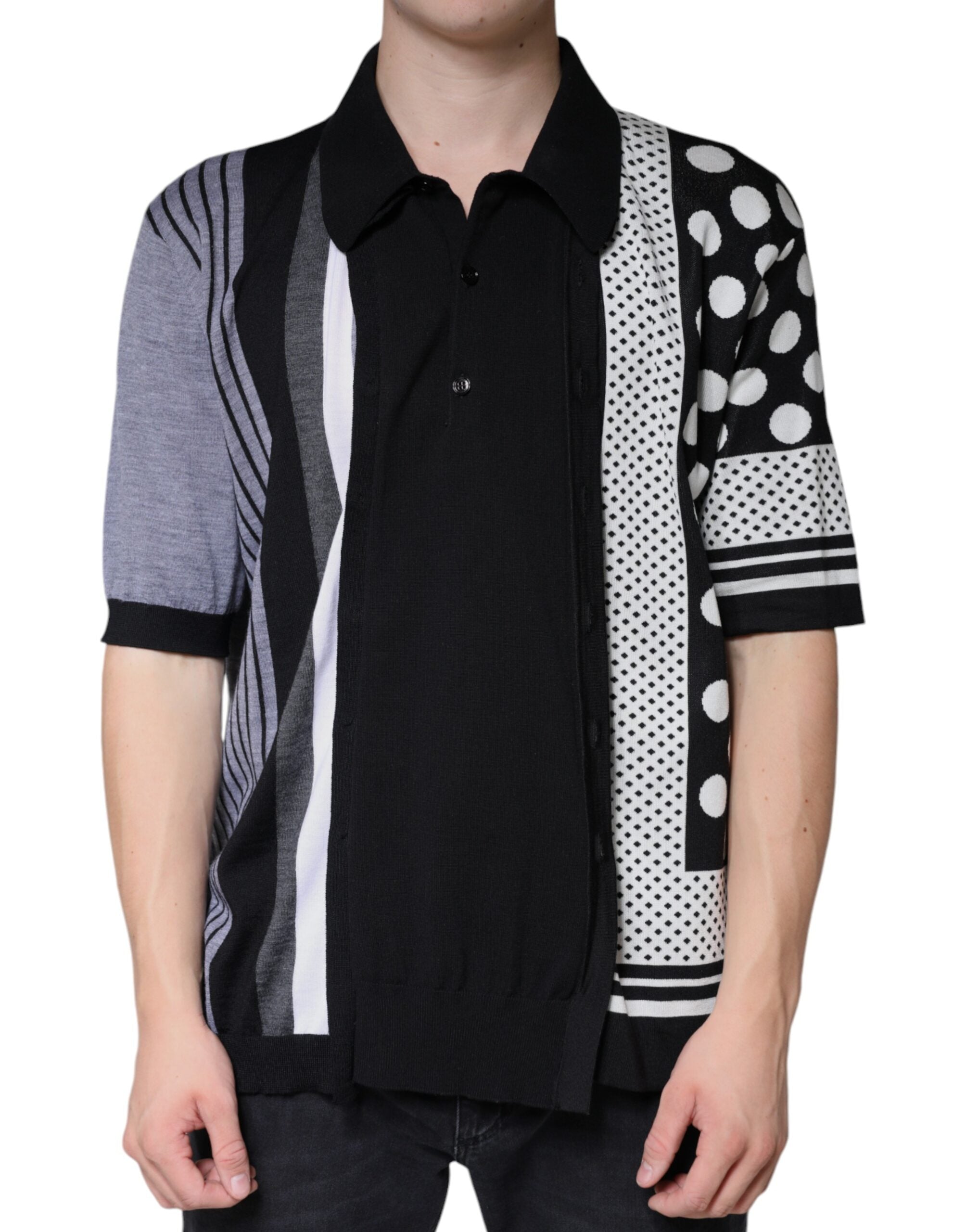 Dolce &amp; Gabbana Sort Hvid Polka Dot Collared Polo T-shirt