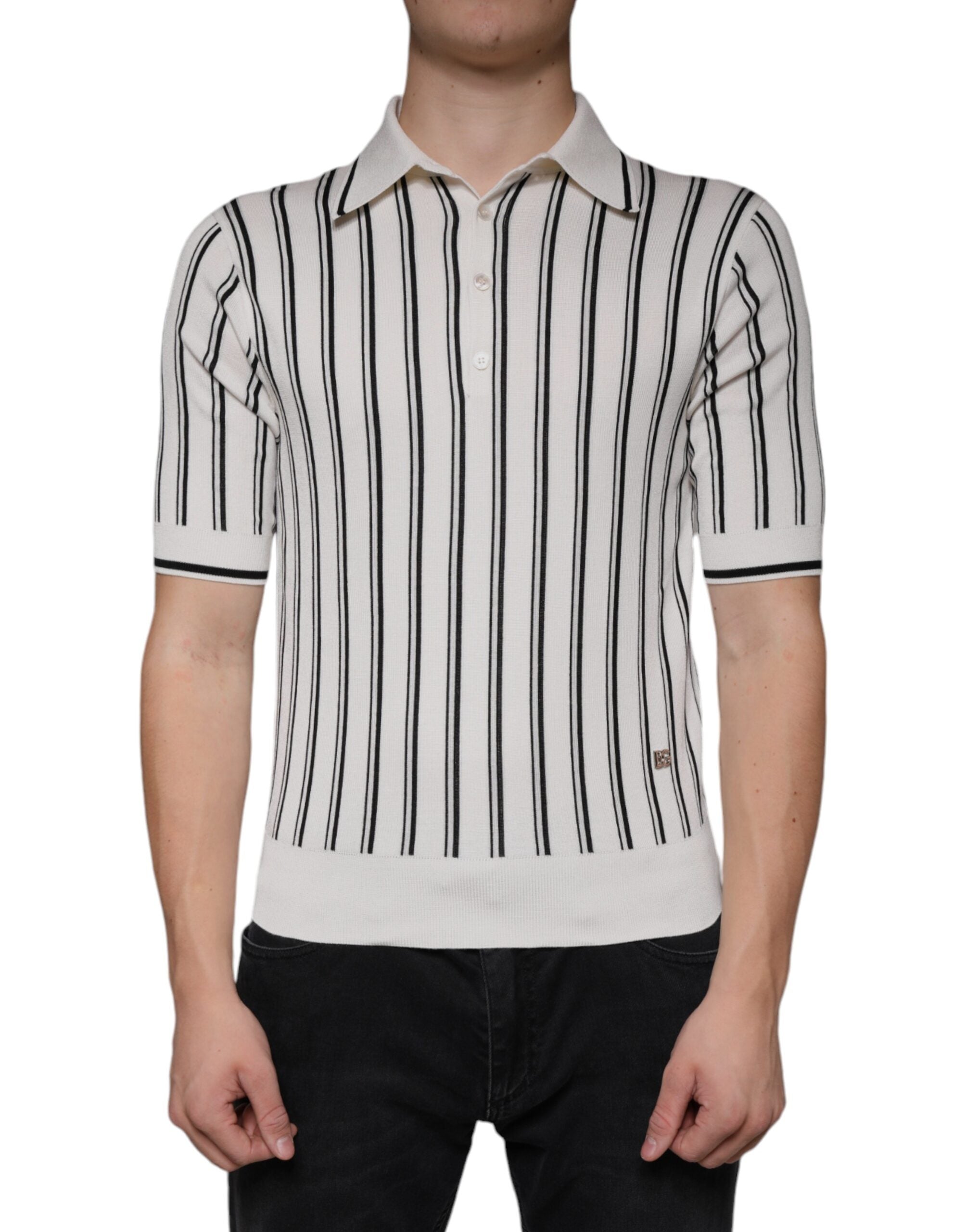 Dolce &amp; Gabbana White Black Stripe Polo Kortærmet T-shirt