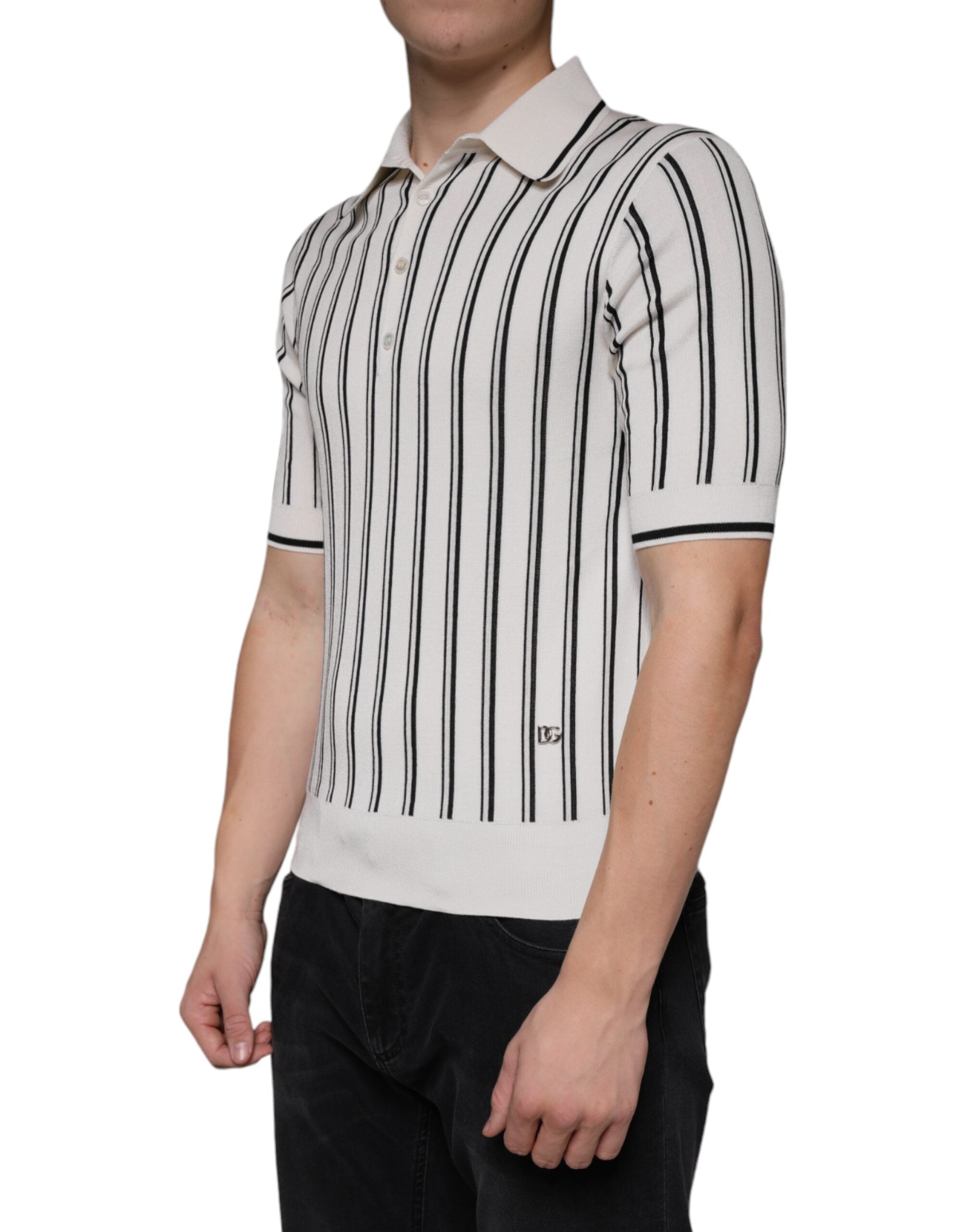 Dolce &amp; Gabbana White Black Stripe Polo Kortærmet T-shirt