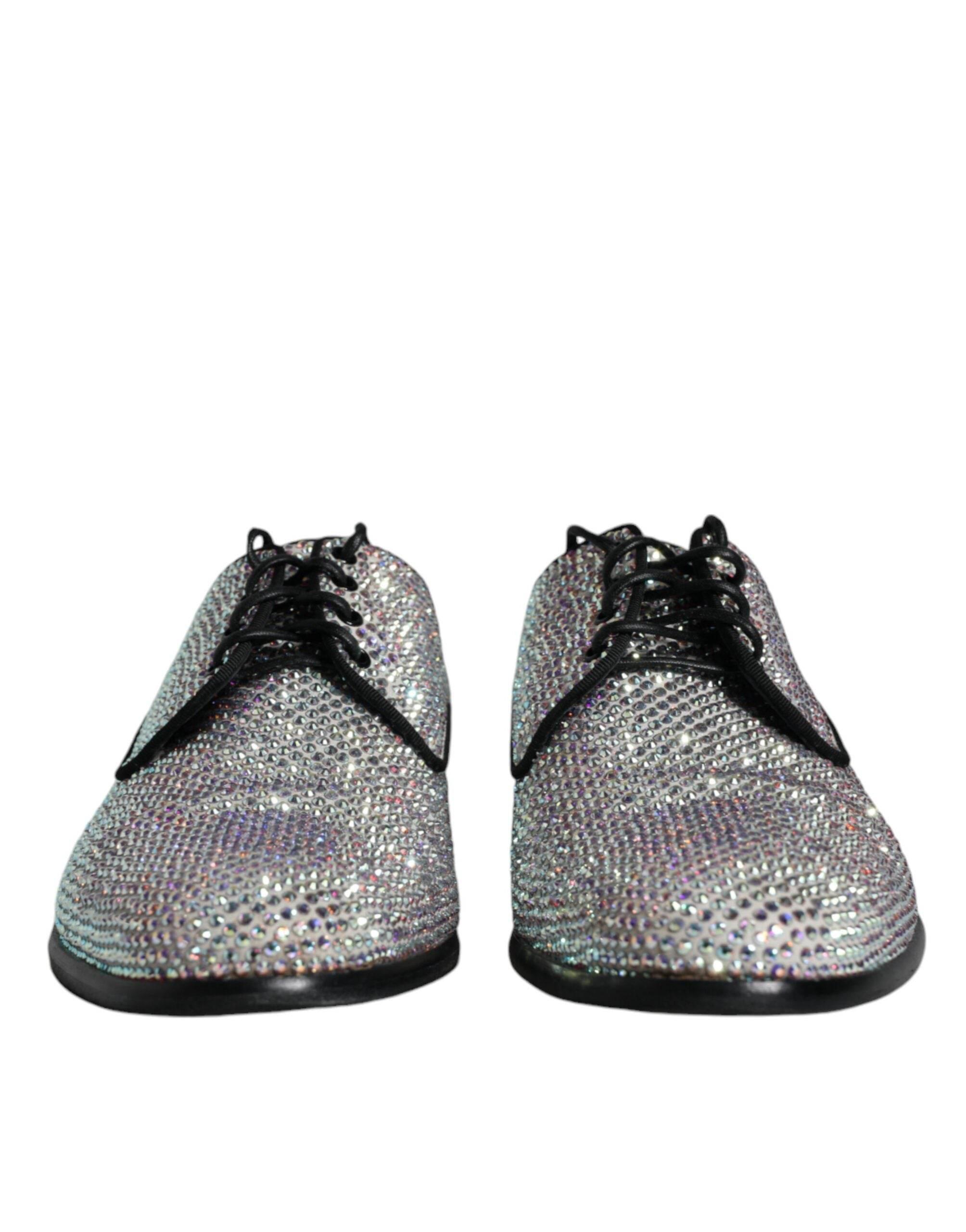 Dolce & Gabbana Silver Leather Rhinestones Derby Dress Shoes - Hilstor