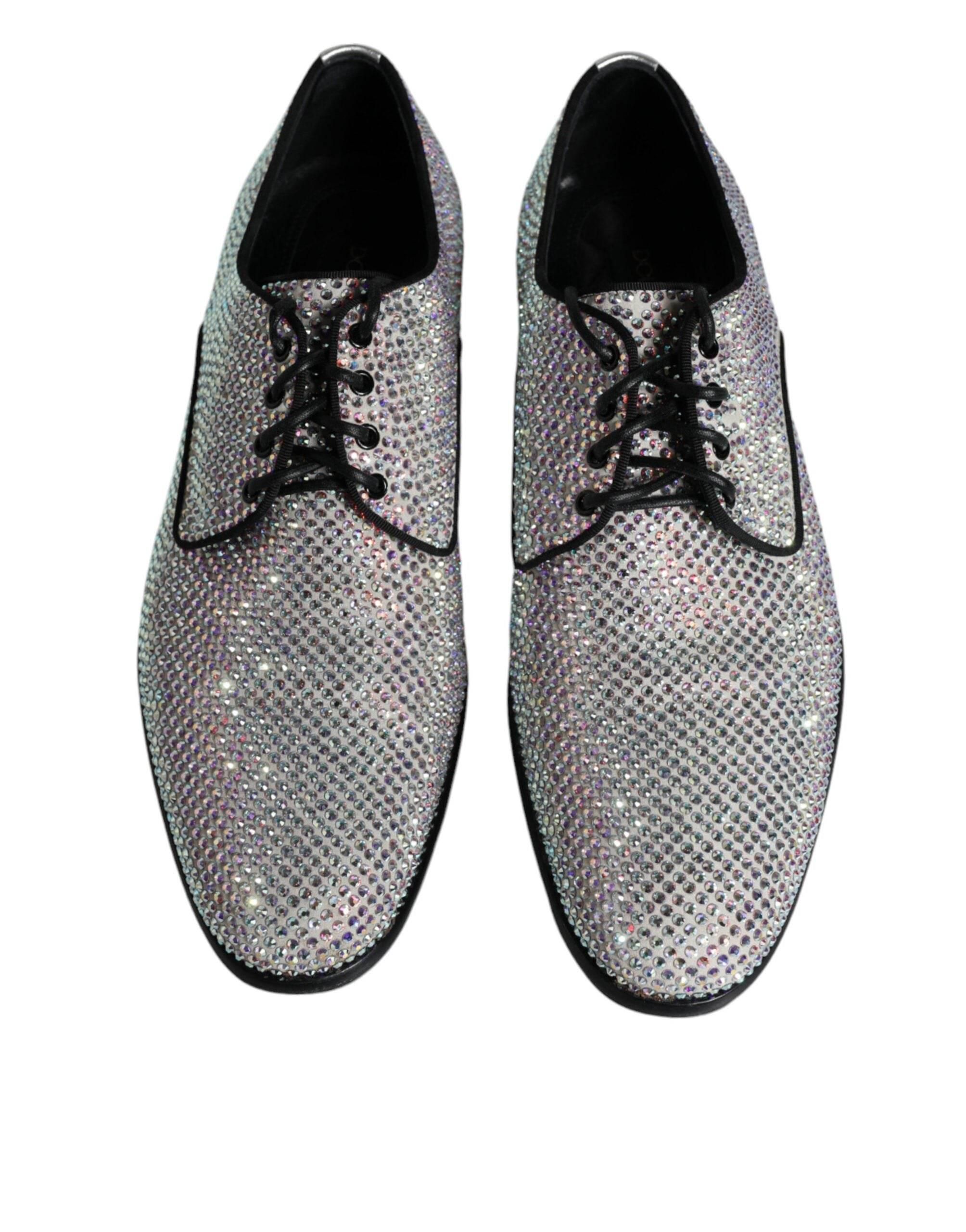 Dolce & Gabbana Silver Leather Rhinestones Derby Dress Shoes - Hilstor