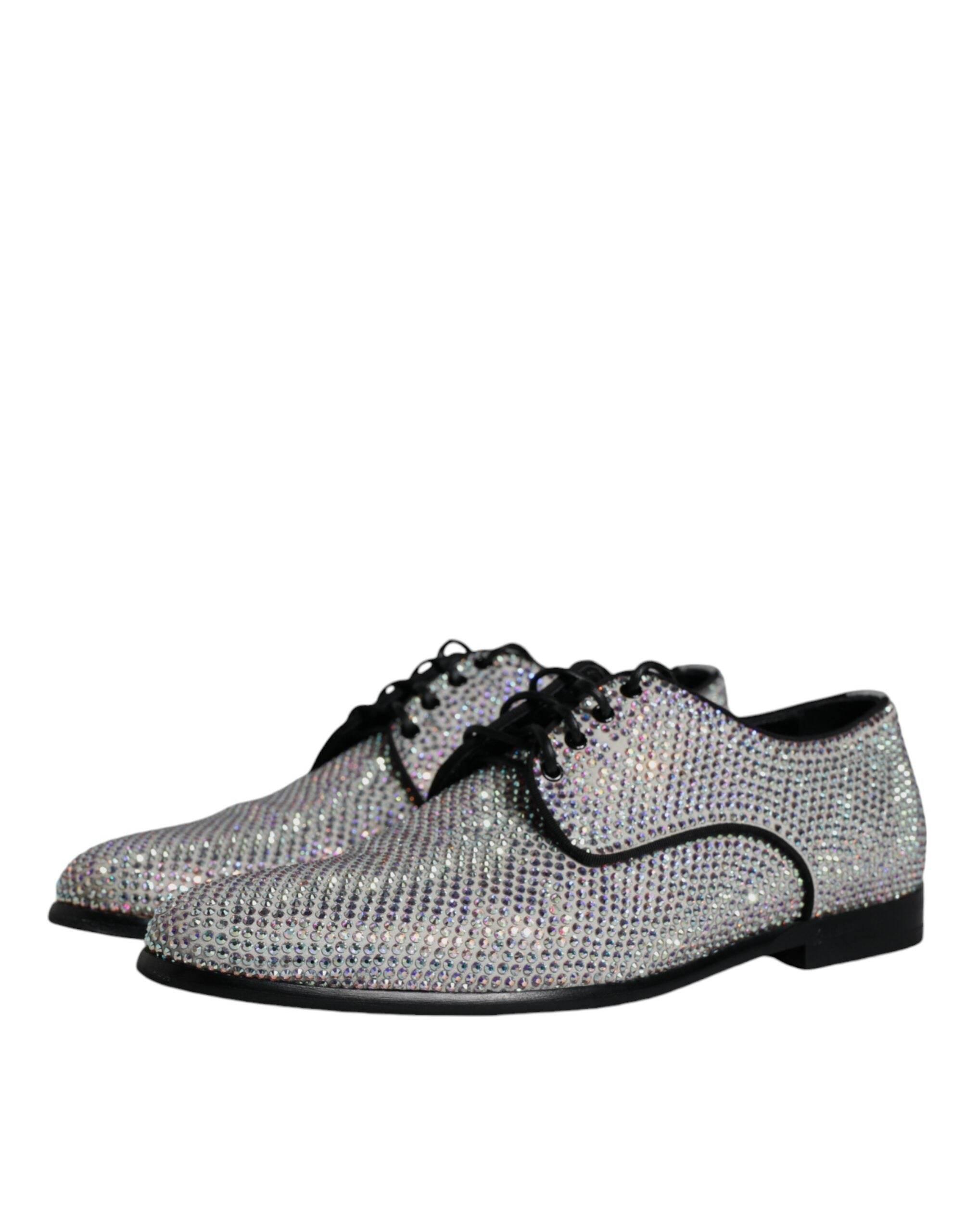 Dolce & Gabbana Silver Leather Rhinestones Derby Dress Shoes - Hilstor