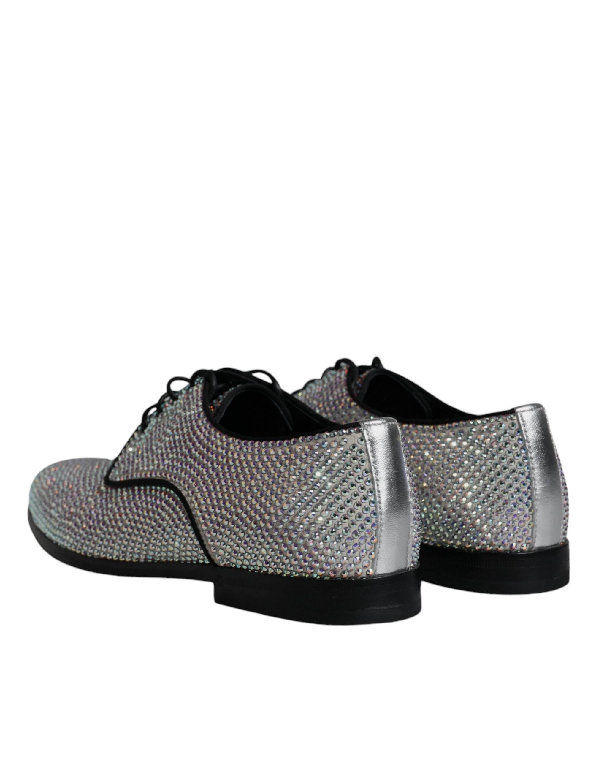 Dolce & Gabbana Silver Leather Rhinestones Derby Dress Shoes - Hilstor