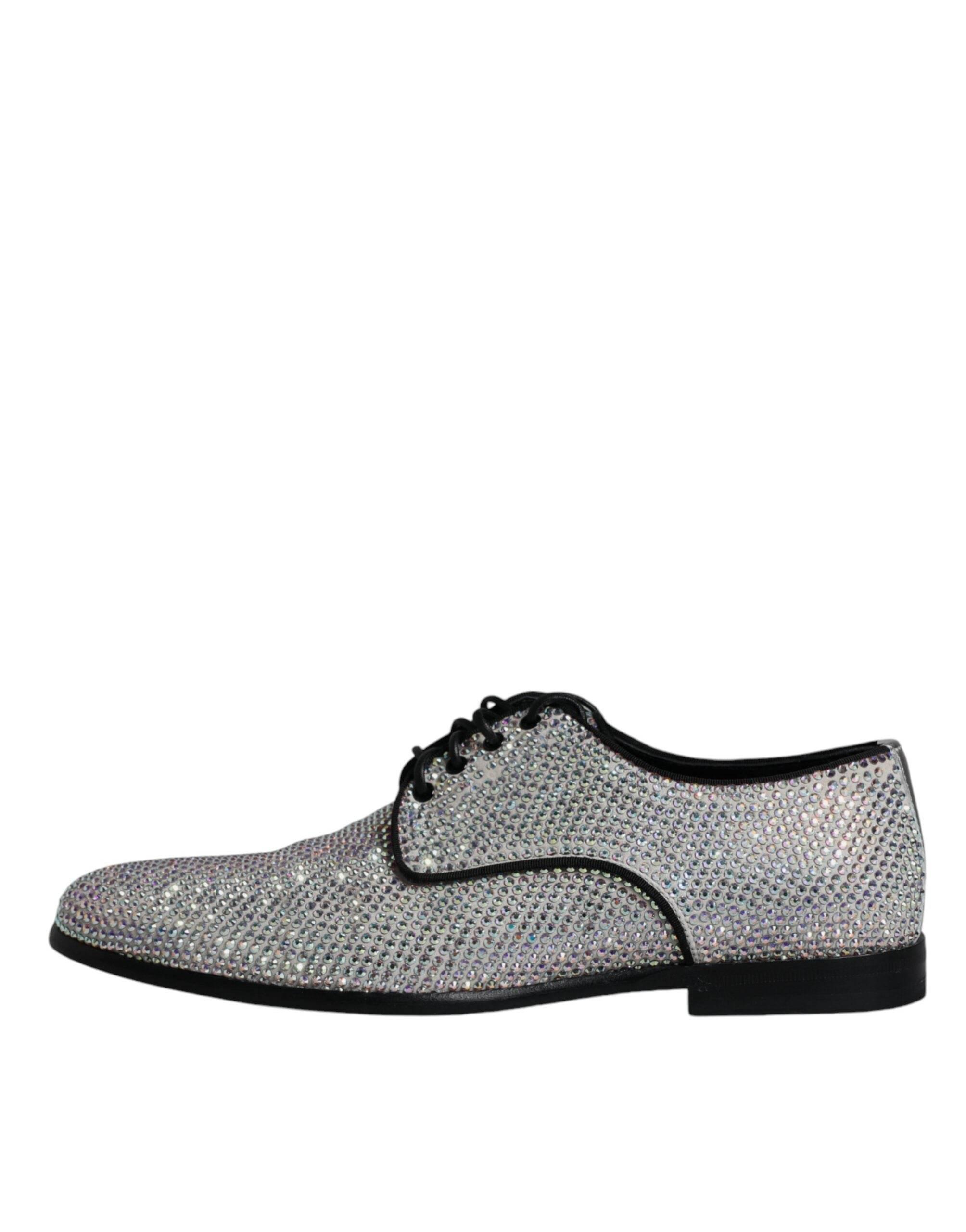 Dolce & Gabbana Silver Leather Rhinestones Derby Dress Shoes - Hilstor