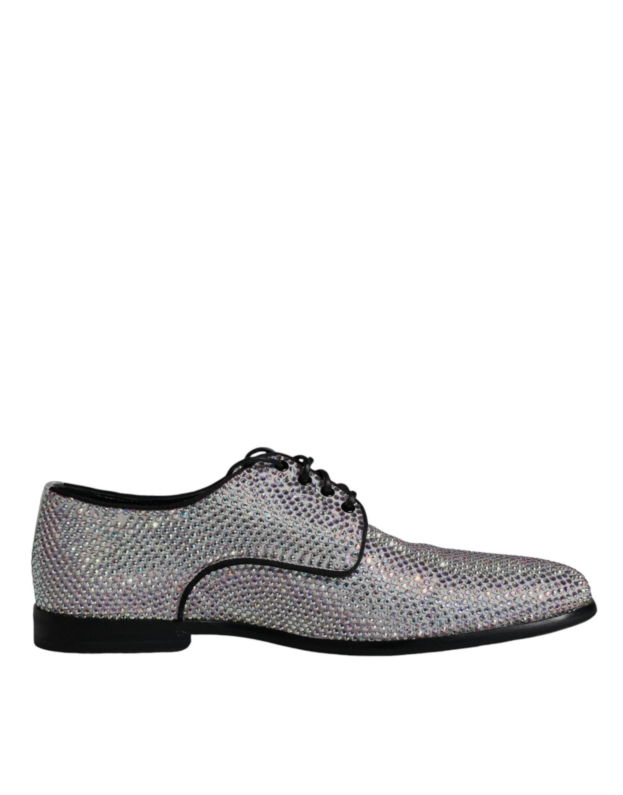 Dolce & Gabbana Silver Leather Rhinestones Derby Dress Shoes - Hilstor