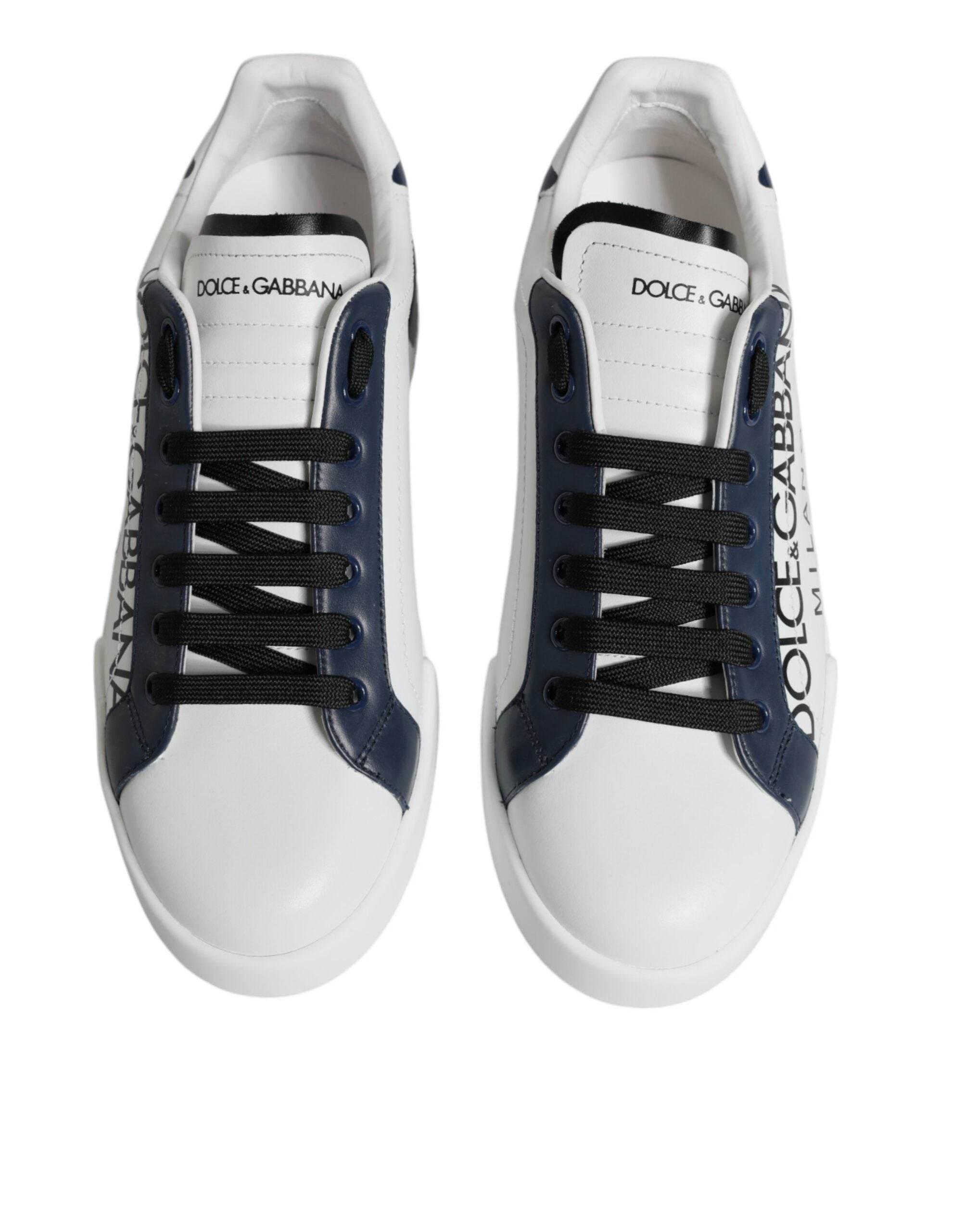 Dolce & Gabbana White Blue Leather Crown Milano Sneakers Shoes - Hilstor