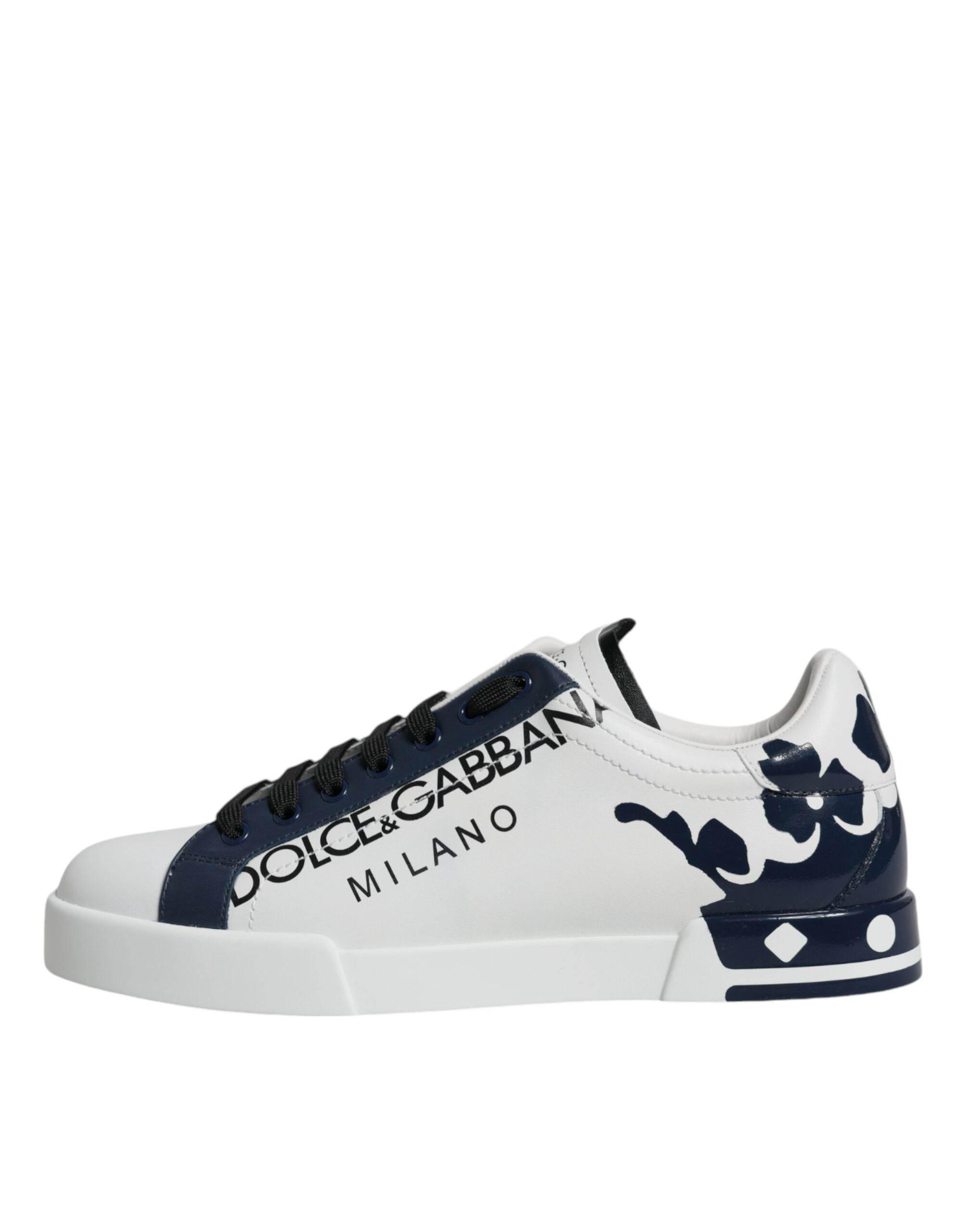 Dolce & Gabbana White Blue Leather Crown Milano Sneakers Shoes - Hilstor