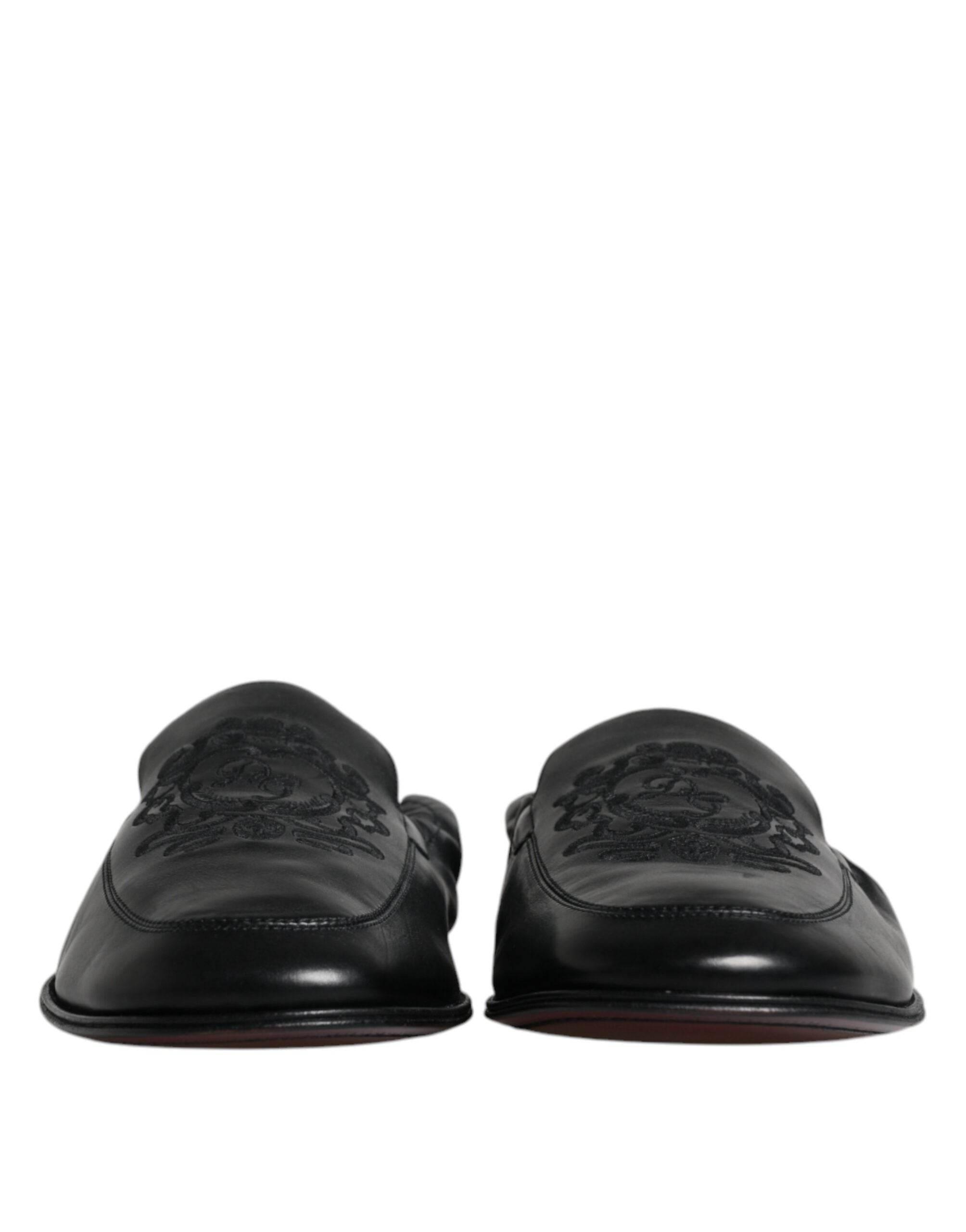 Dolce & Gabbana Black Logo Embroidered Leather Loafer Men Dress Shoes - Hilstor
