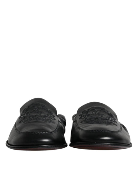 Dolce & Gabbana Black Logo Embroidered Leather Loafer Men Dress Shoes - Hilstor