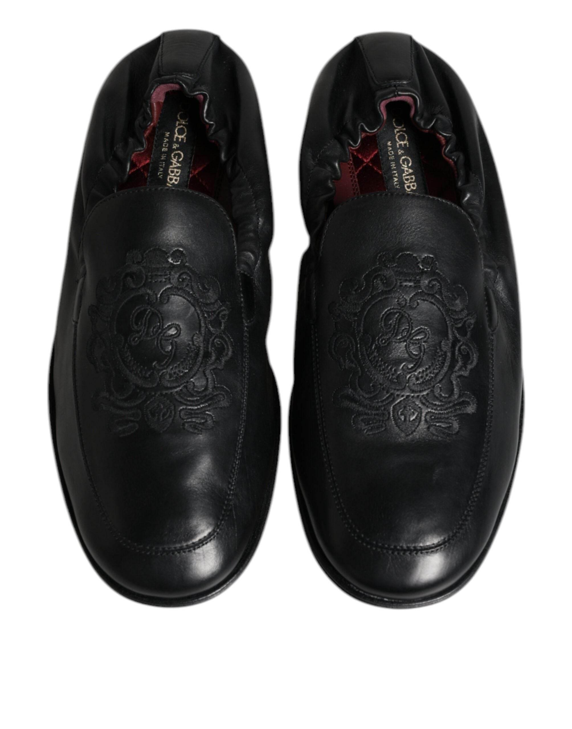 Dolce & Gabbana Black Logo Embroidered Leather Loafer Men Dress Shoes - Hilstor