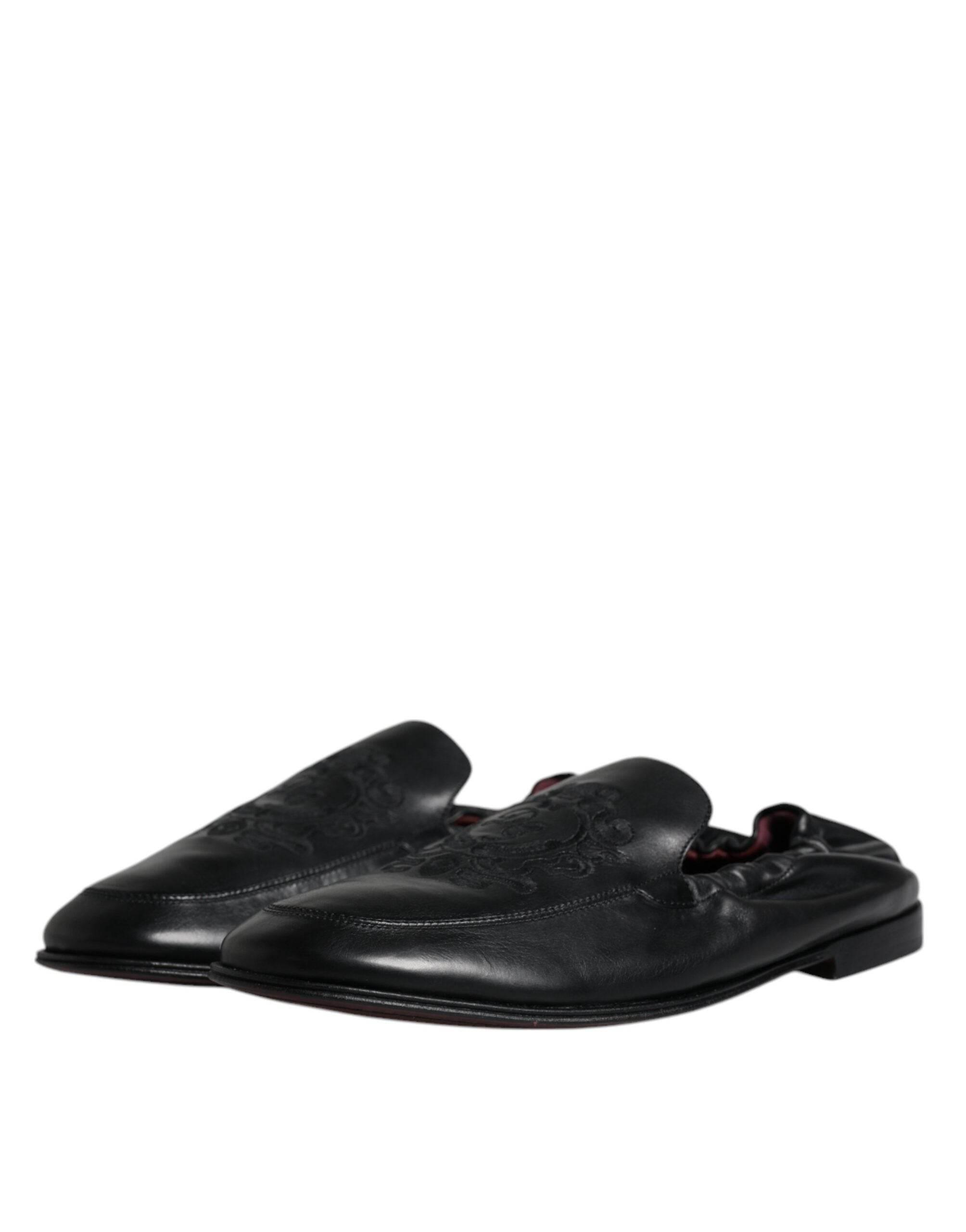 Dolce & Gabbana Black Logo Embroidered Leather Loafer Men Dress Shoes - Hilstor