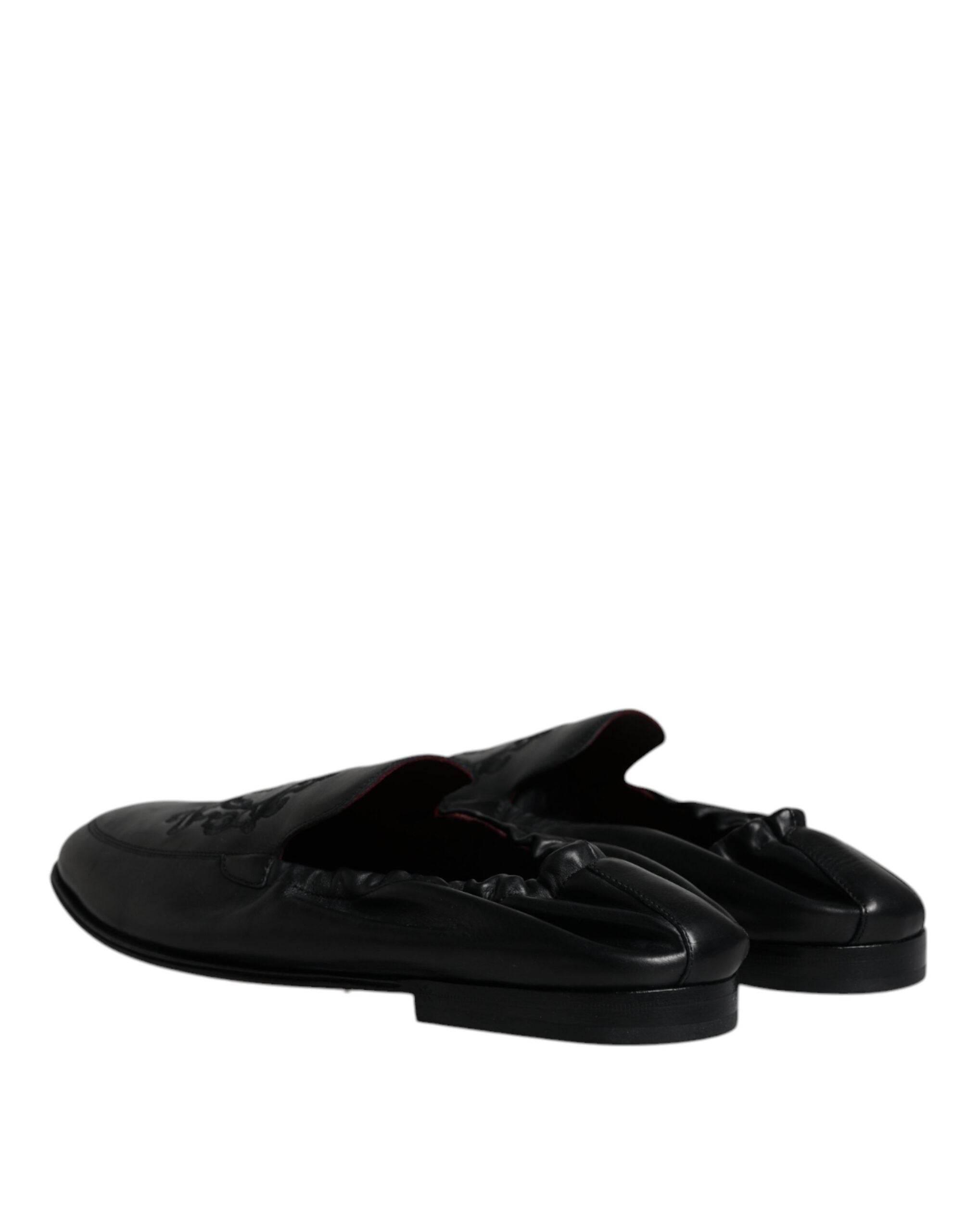 Dolce & Gabbana Black Logo Embroidered Leather Loafer Men Dress Shoes - Hilstor