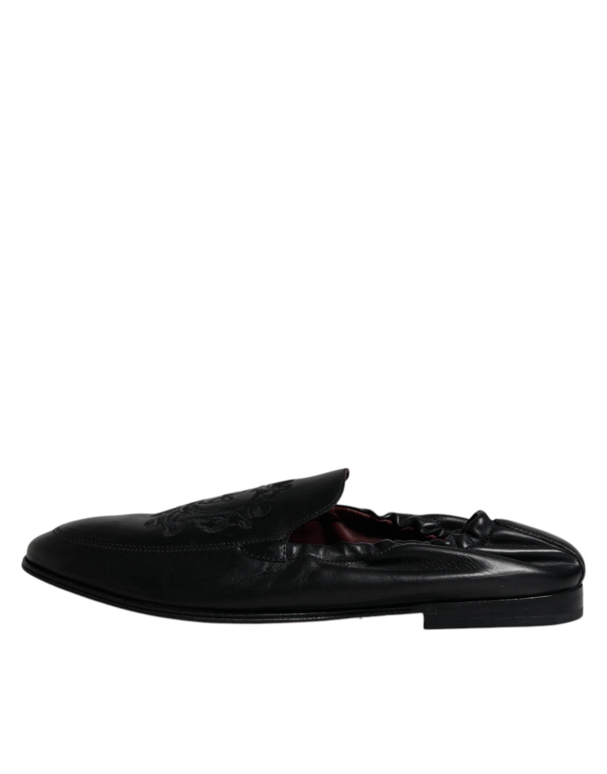 Dolce & Gabbana Black Logo Embroidered Leather Loafer Men Dress Shoes - Hilstor