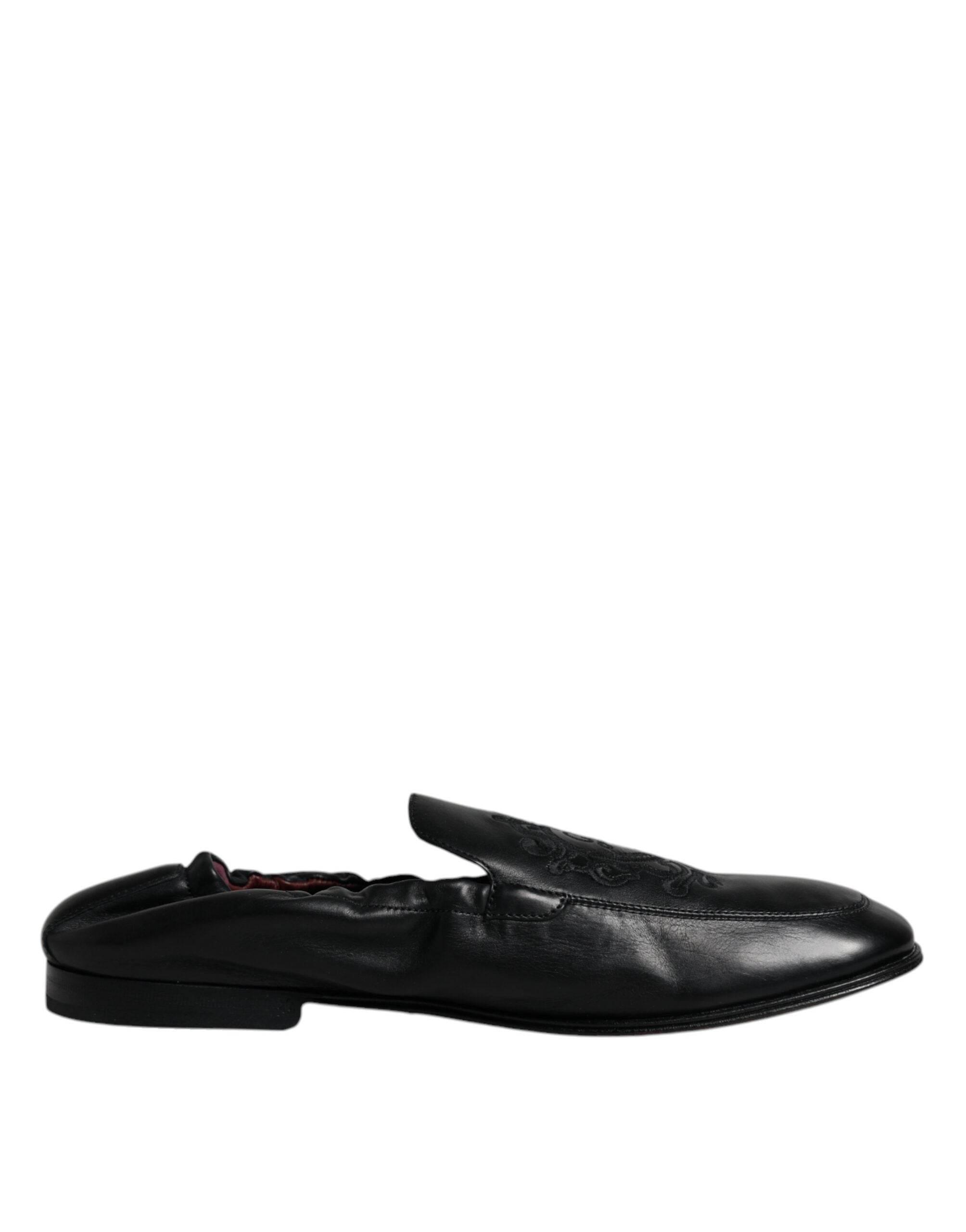 Dolce & Gabbana Black Logo Embroidered Leather Loafer Men Dress Shoes - Hilstor