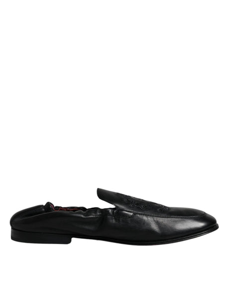 Dolce & Gabbana Black Logo Embroidered Leather Loafer Men Dress Shoes - Hilstor