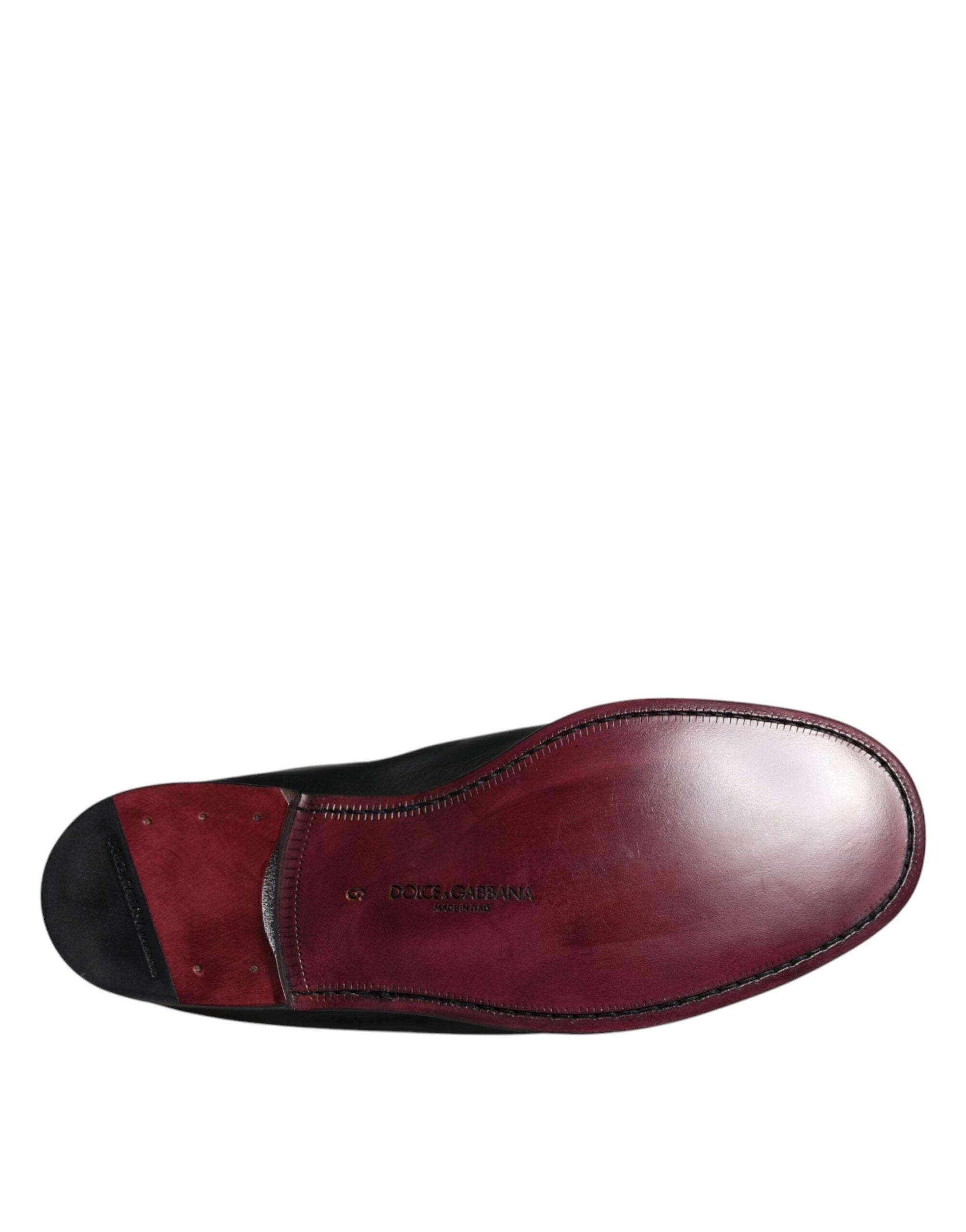 Dolce & Gabbana Black Logo Embroidered Leather Loafer Men Dress Shoes - Hilstor