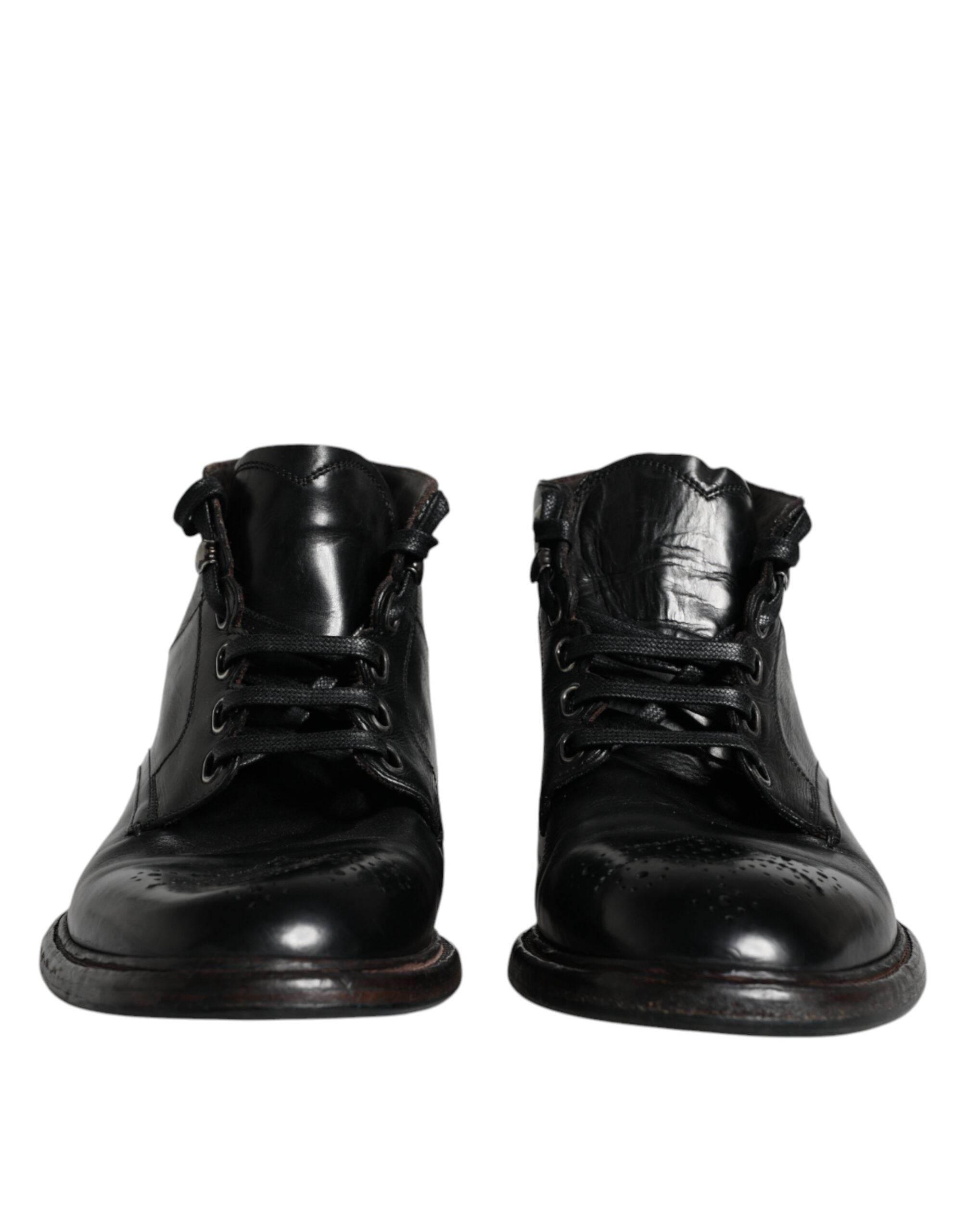 Dolce & Gabbana Black Leather Men Short Boots Lace Up Shoes - Hilstor