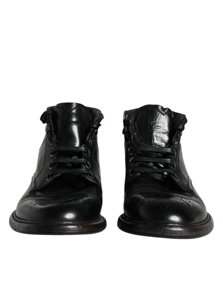 Dolce & Gabbana Black Leather Men Short Boots Lace Up Shoes - Hilstor