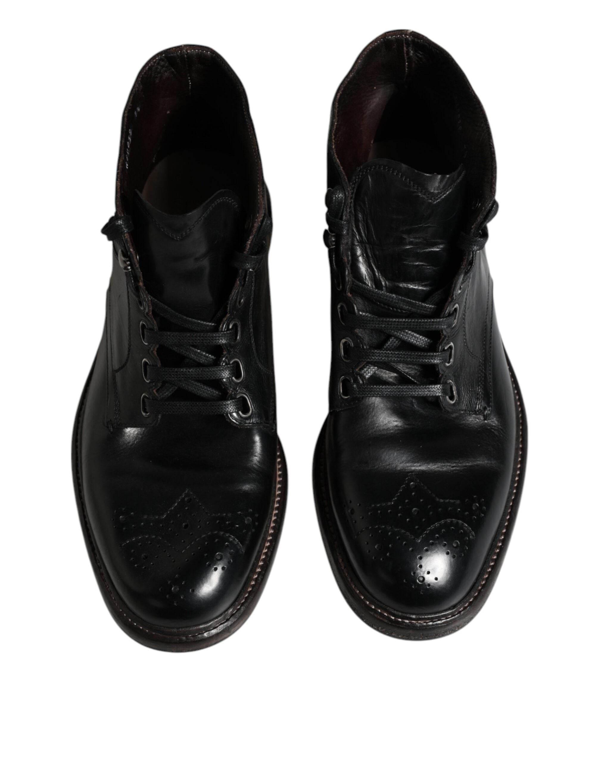 Dolce & Gabbana Black Leather Men Short Boots Lace Up Shoes - Hilstor