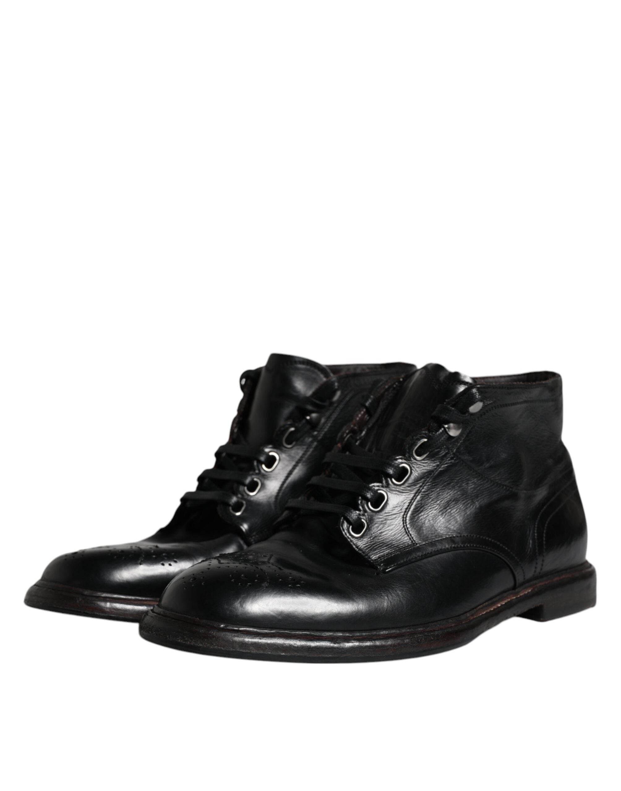 Dolce & Gabbana Black Leather Men Short Boots Lace Up Shoes - Hilstor