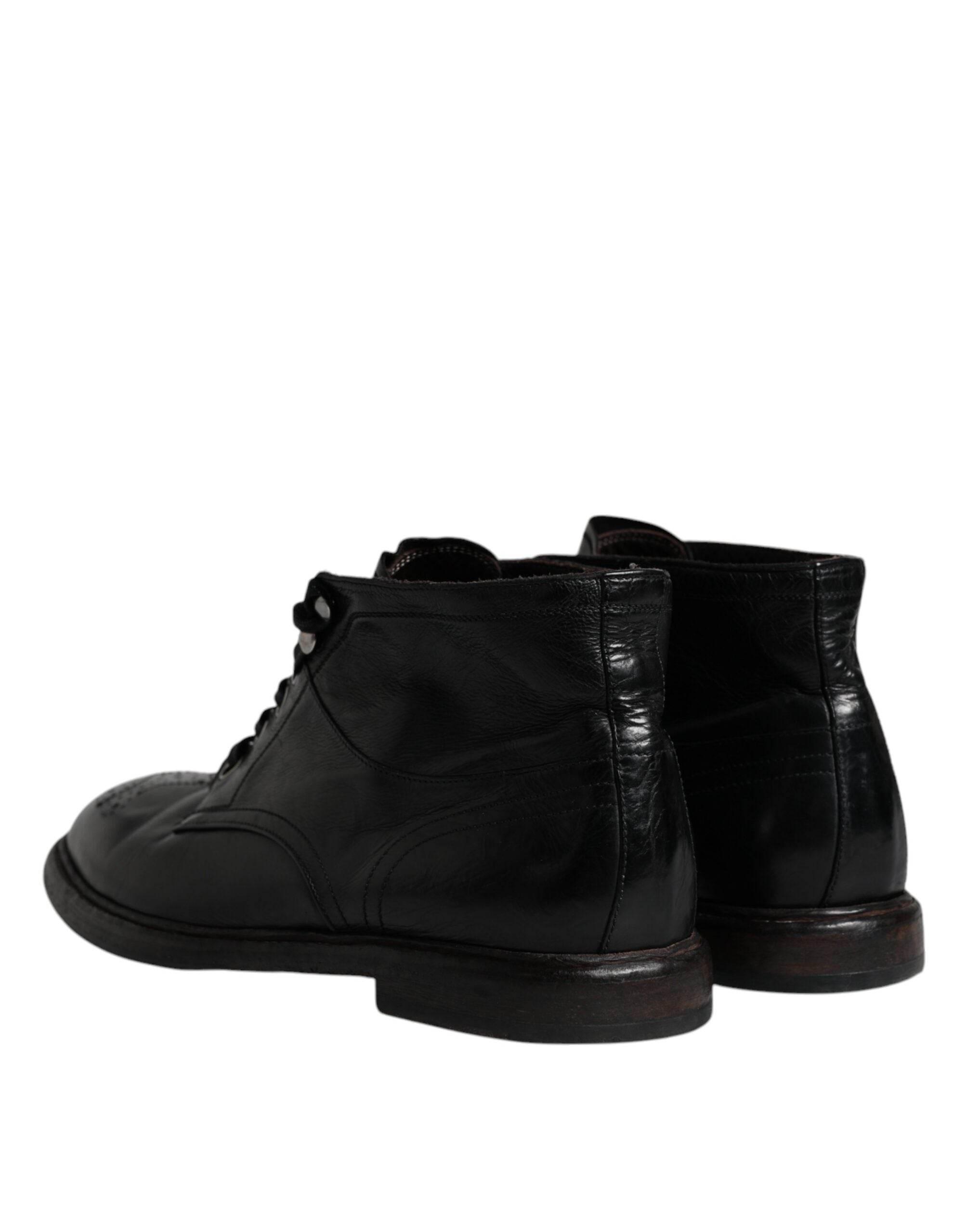 Dolce & Gabbana Black Leather Men Short Boots Lace Up Shoes - Hilstor