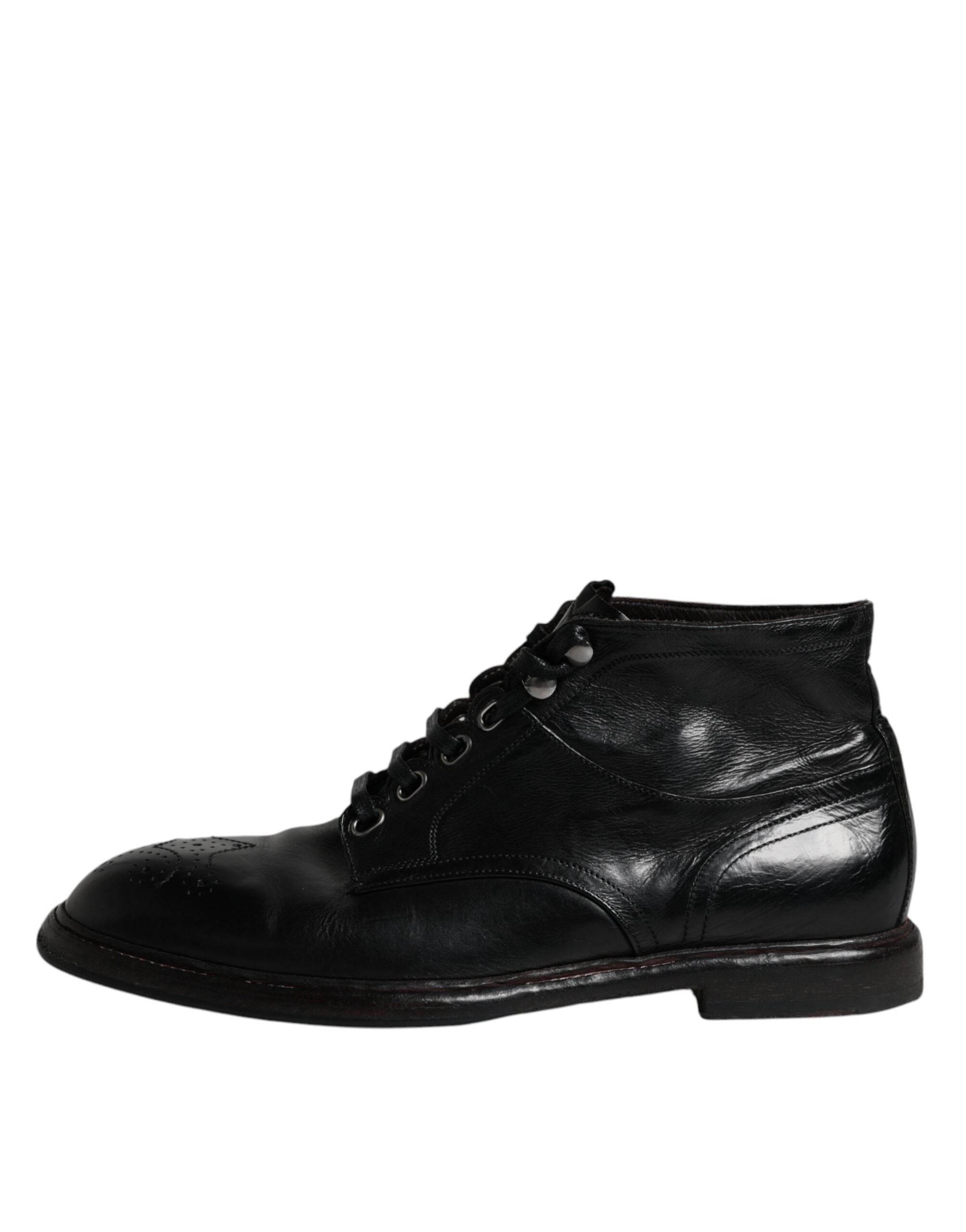 Dolce & Gabbana Black Leather Men Short Boots Lace Up Shoes - Hilstor