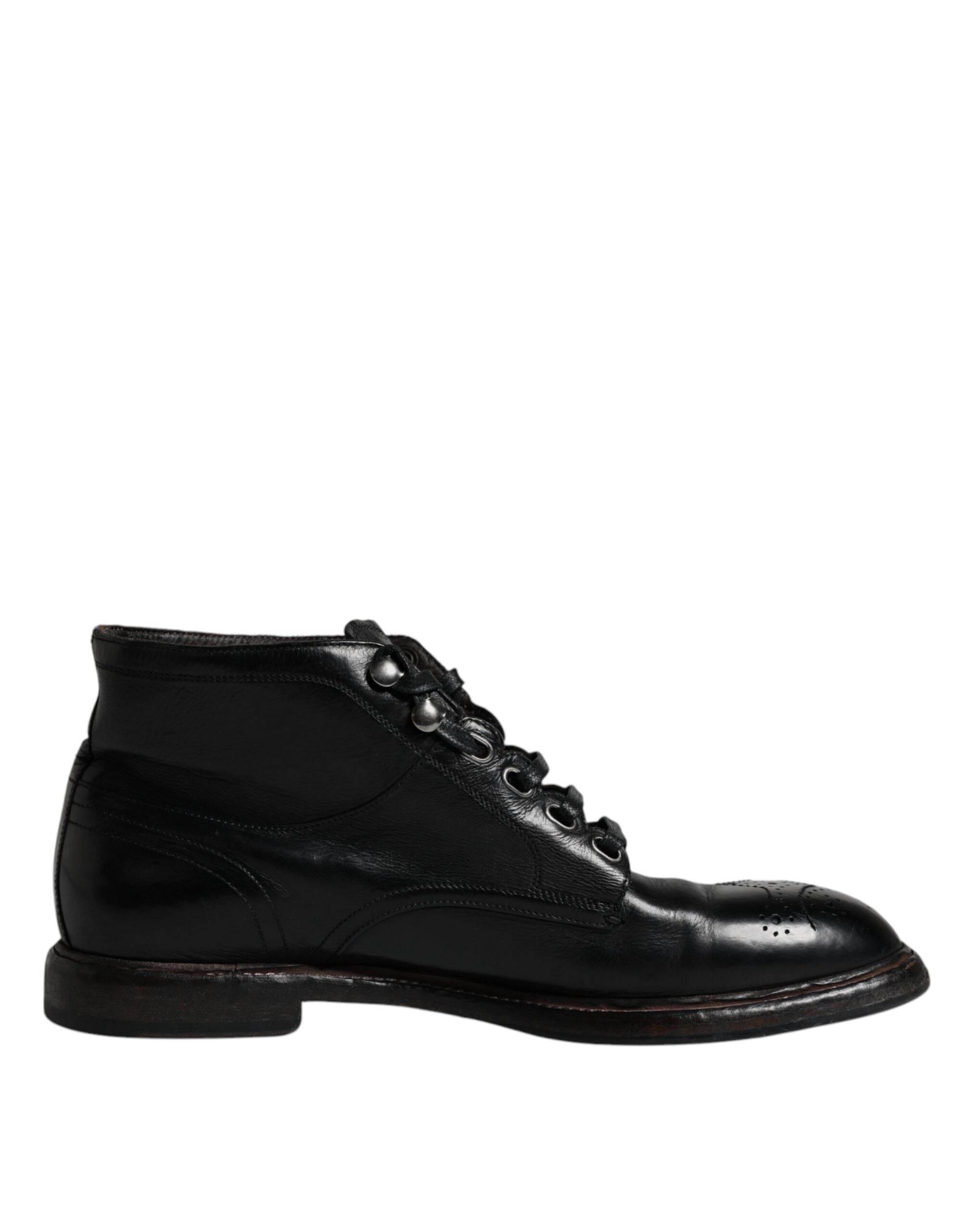 Dolce & Gabbana Black Leather Men Short Boots Lace Up Shoes - Hilstor