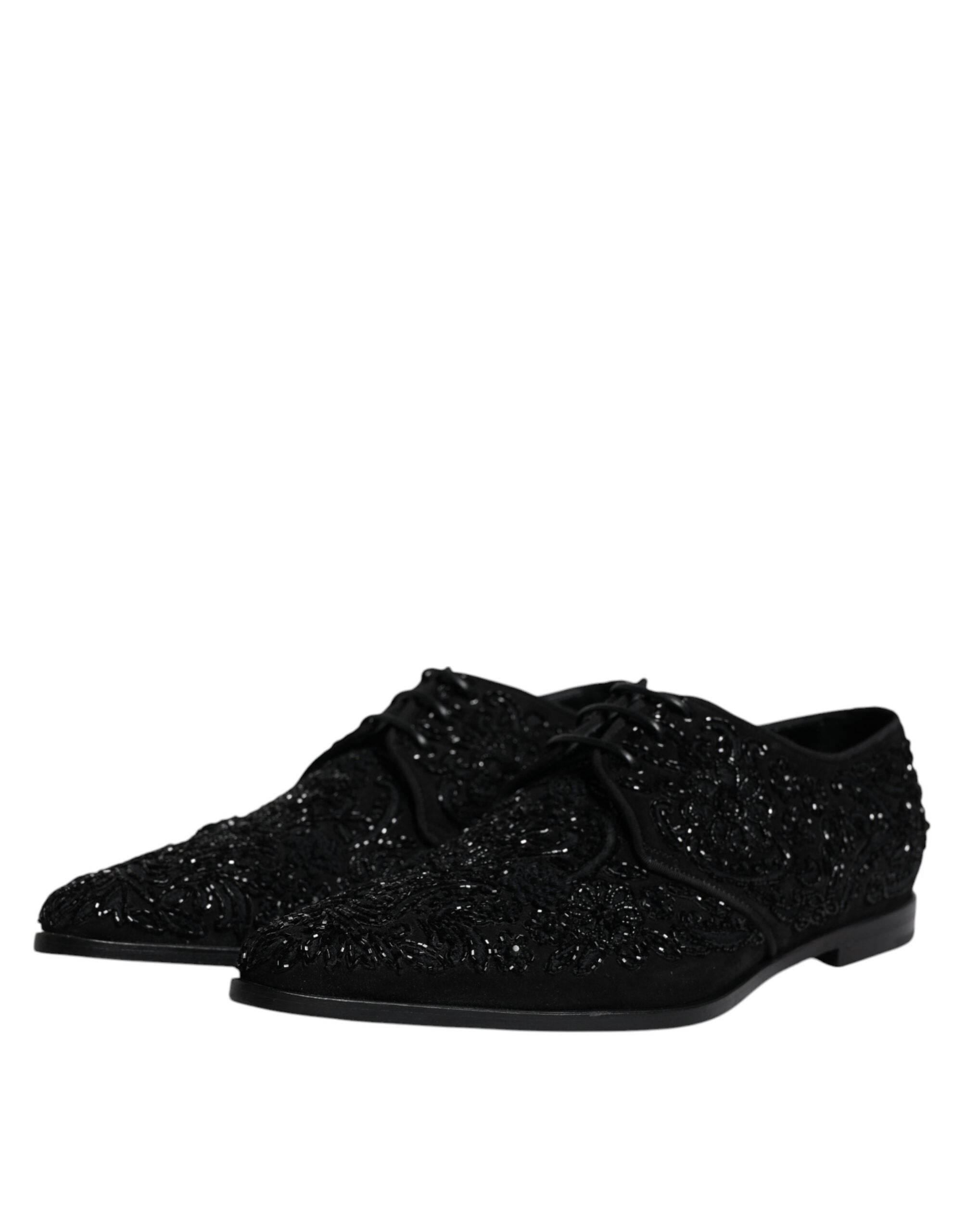 Dolce & Gabbana Black Embellished Suede Derby Formal Shoes - Hilstor