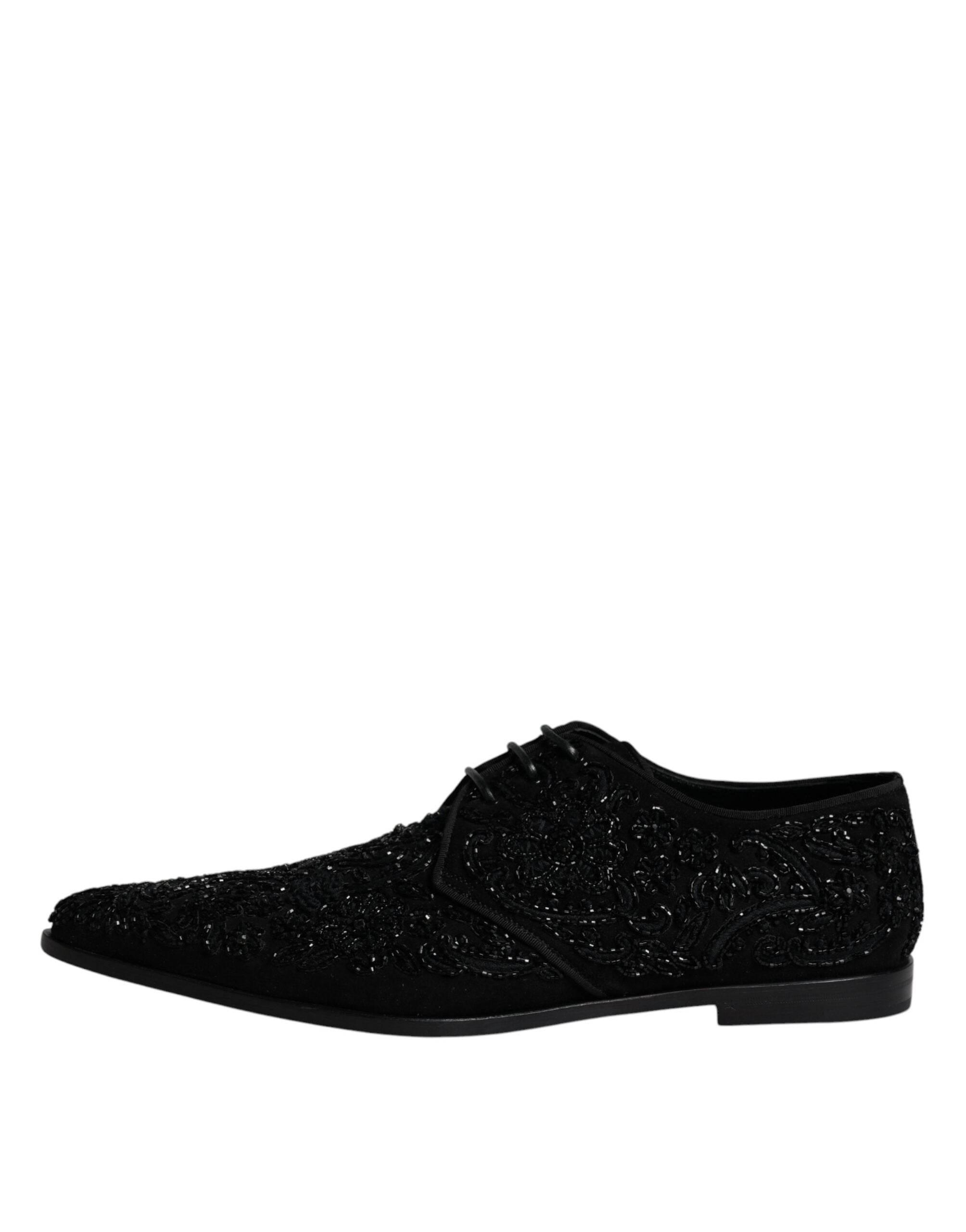 Dolce & Gabbana Black Embellished Suede Derby Formal Shoes - Hilstor