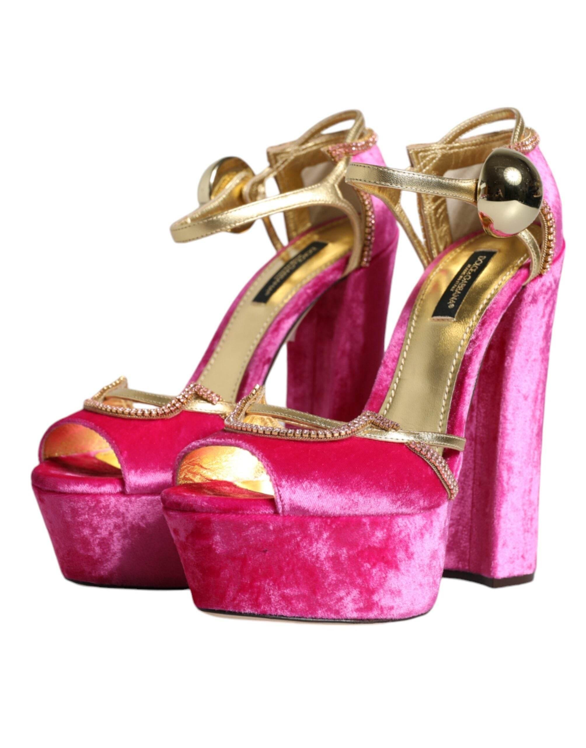 Dolce & Gabbana Pink Velvet Platform Ankle Strap Heel Sandals Shoes - Hilstor