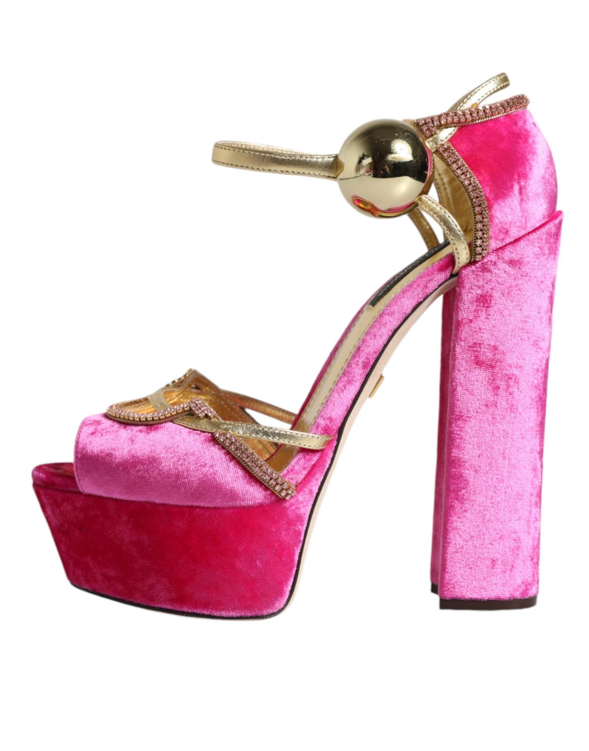 Dolce & Gabbana Pink Velvet Platform Ankle Strap Heel Sandals Shoes - Hilstor
